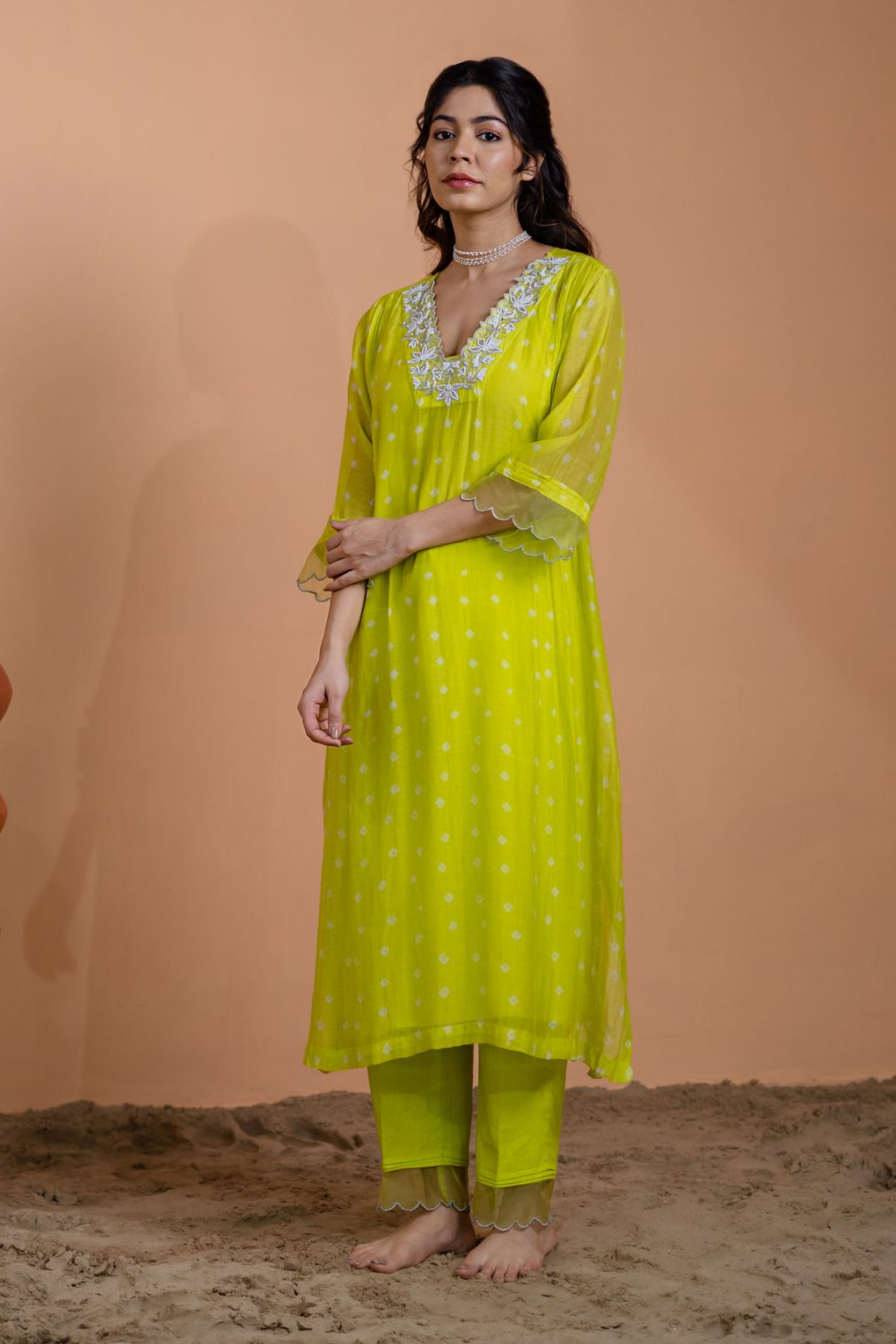 Neon Green Bandhani Kurta set