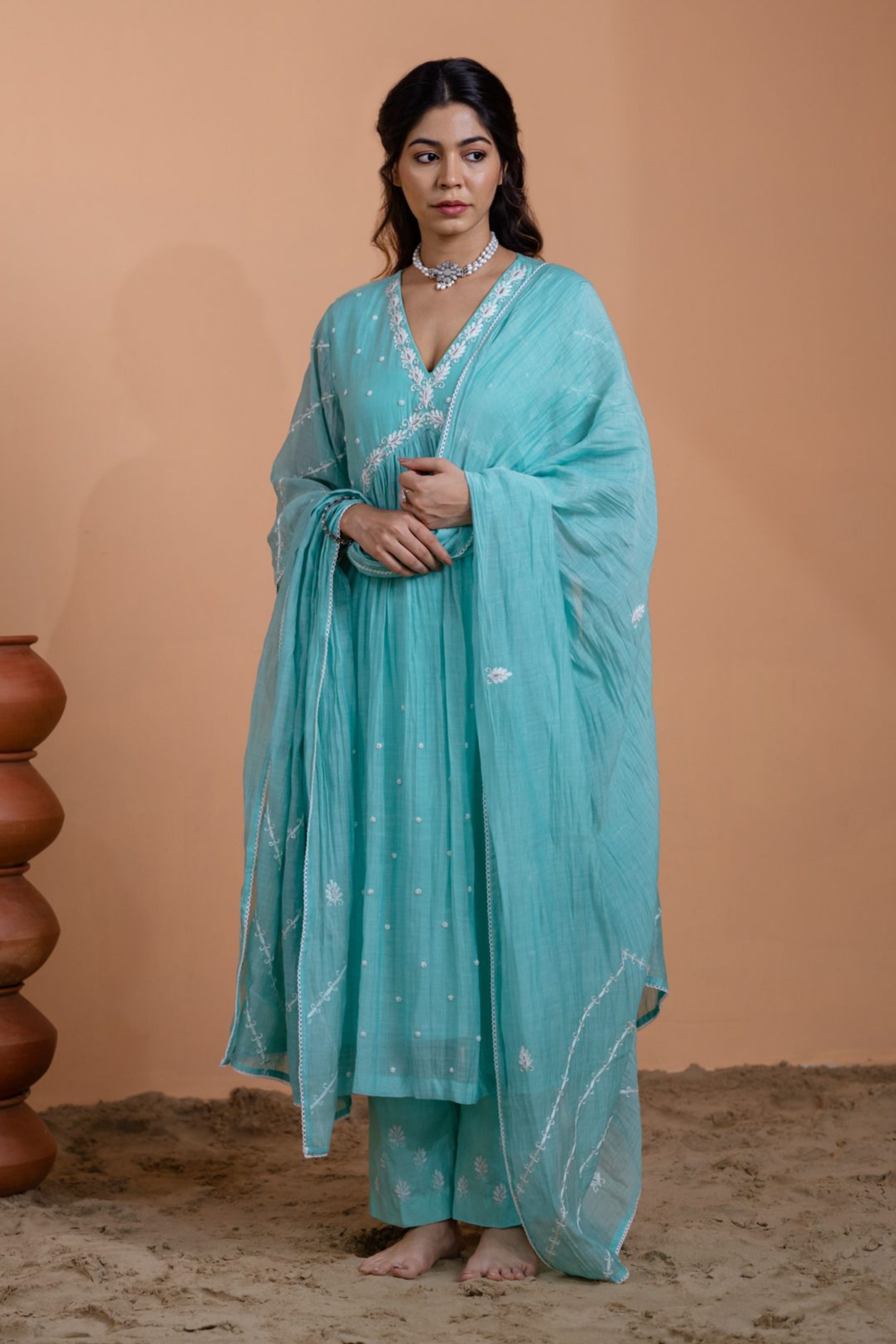 Aqua Blue Narrow Gathered Suit Set