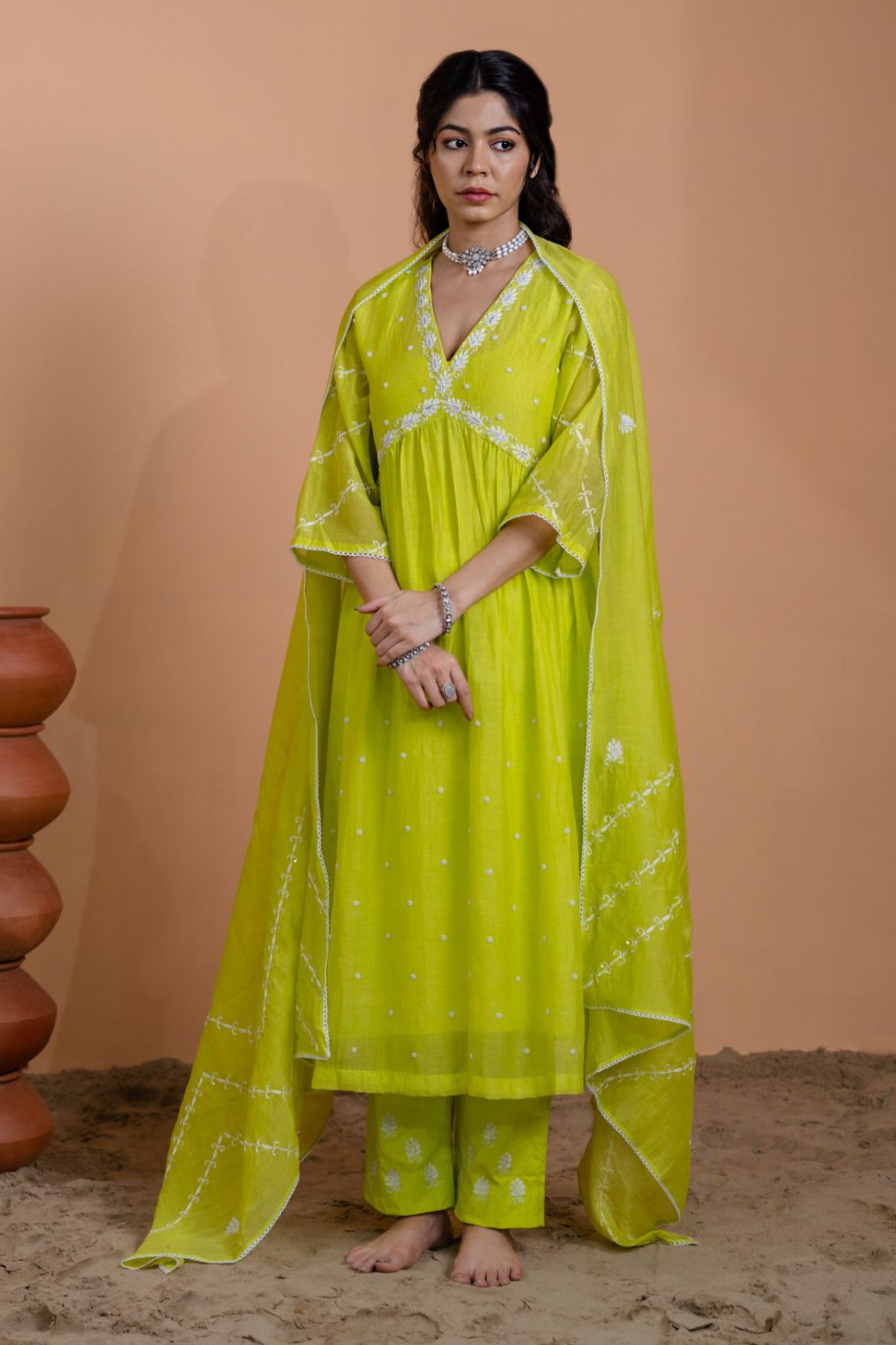Neon Green Narrow Gathered Suit Set