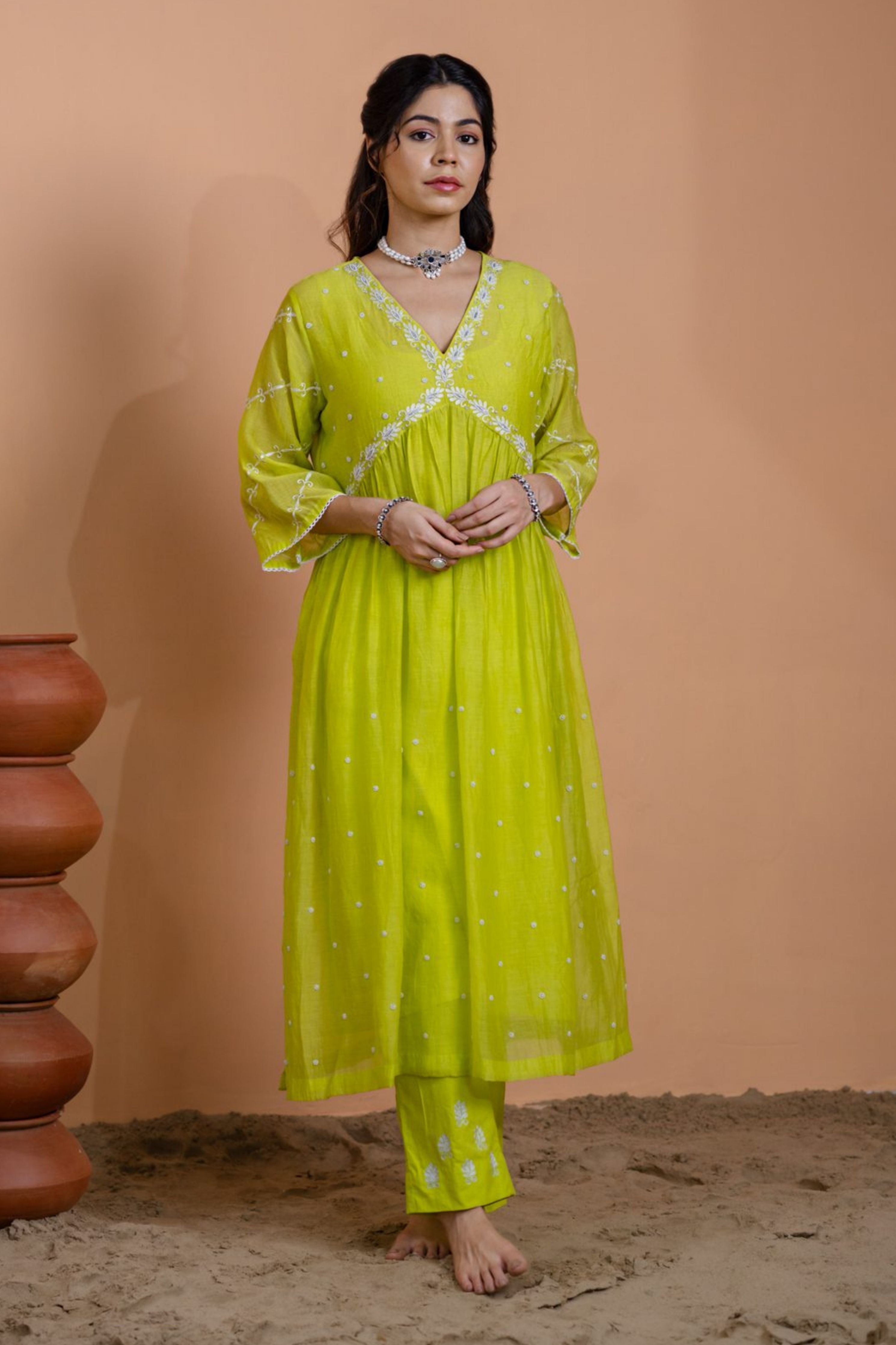 Neon Green Narrow Gathered Suit Set