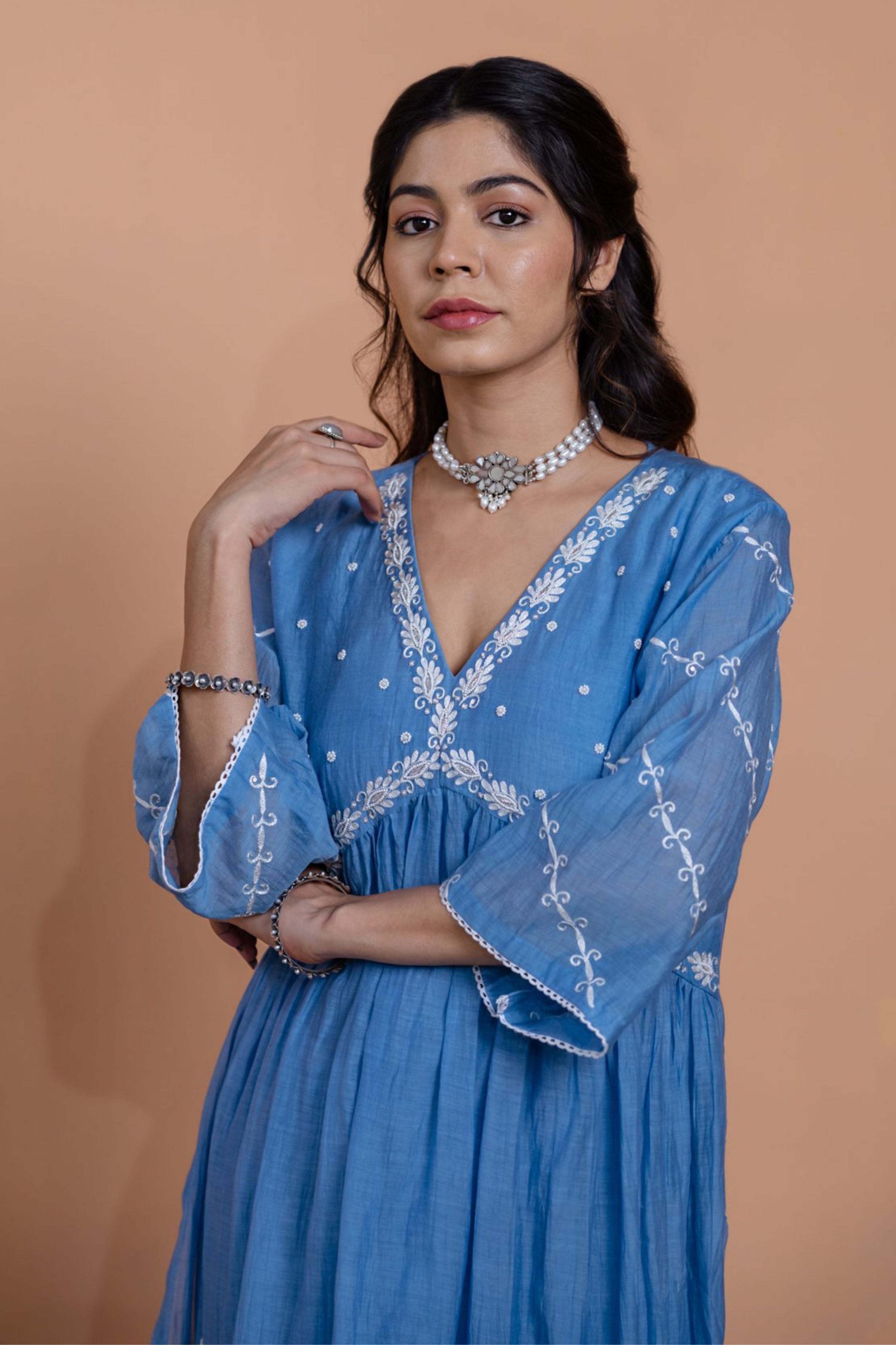 Teal Blue Narrow Gathered Suit Set