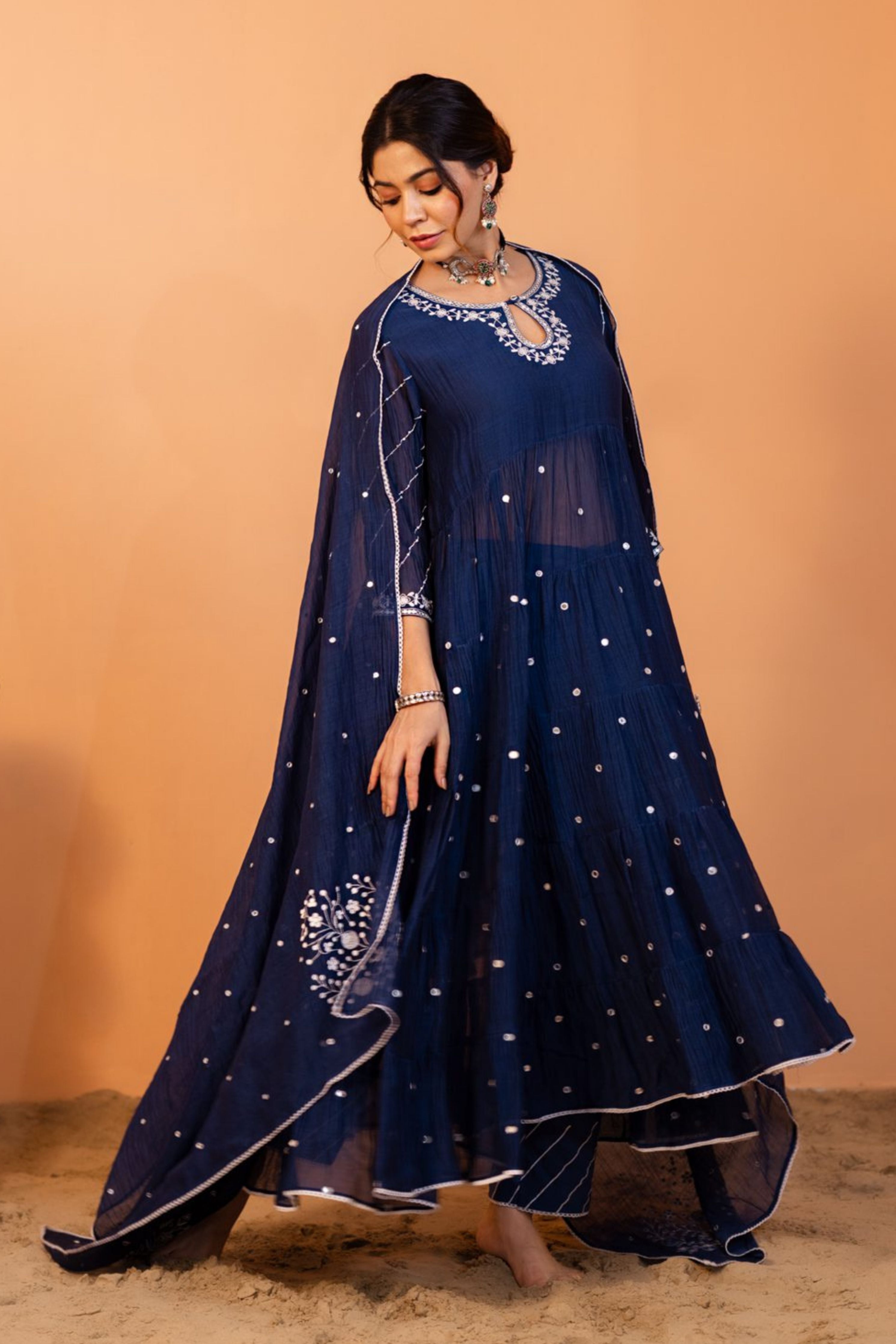 Mid Night Blue Tiered Anarkali Set