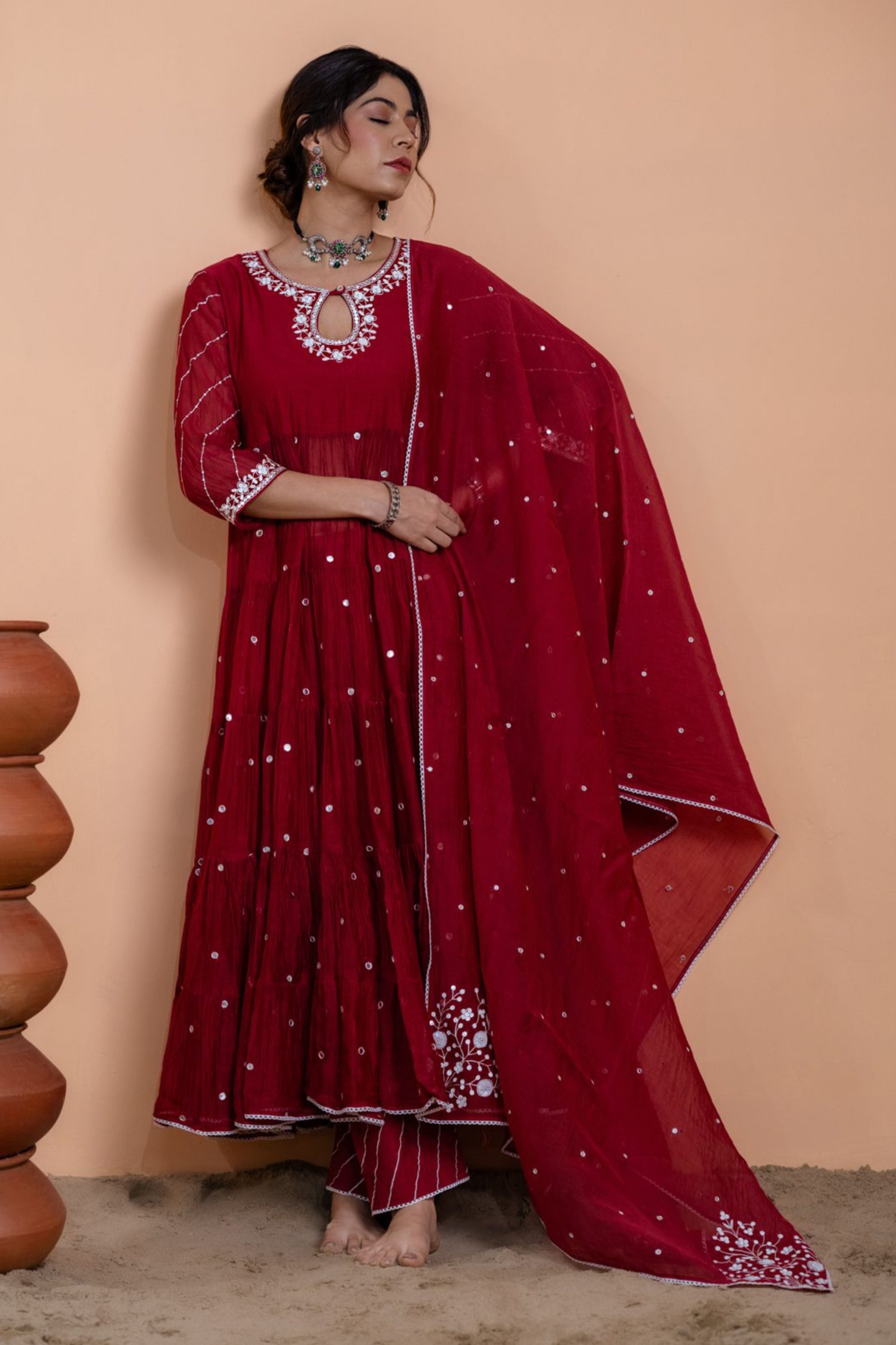 Maroon Tiered Anarkali Set
