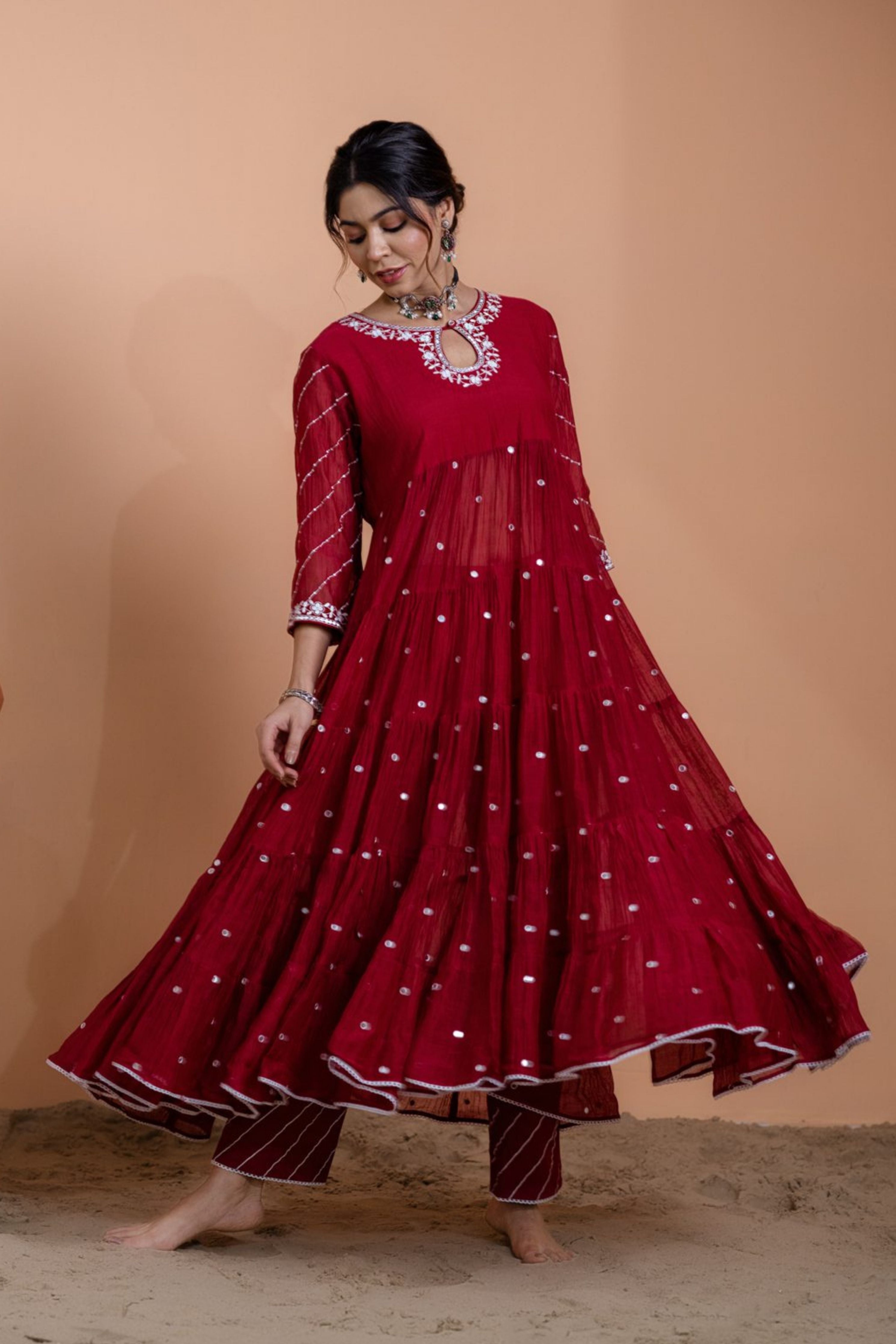 Maroon Tiered Anarkali Set