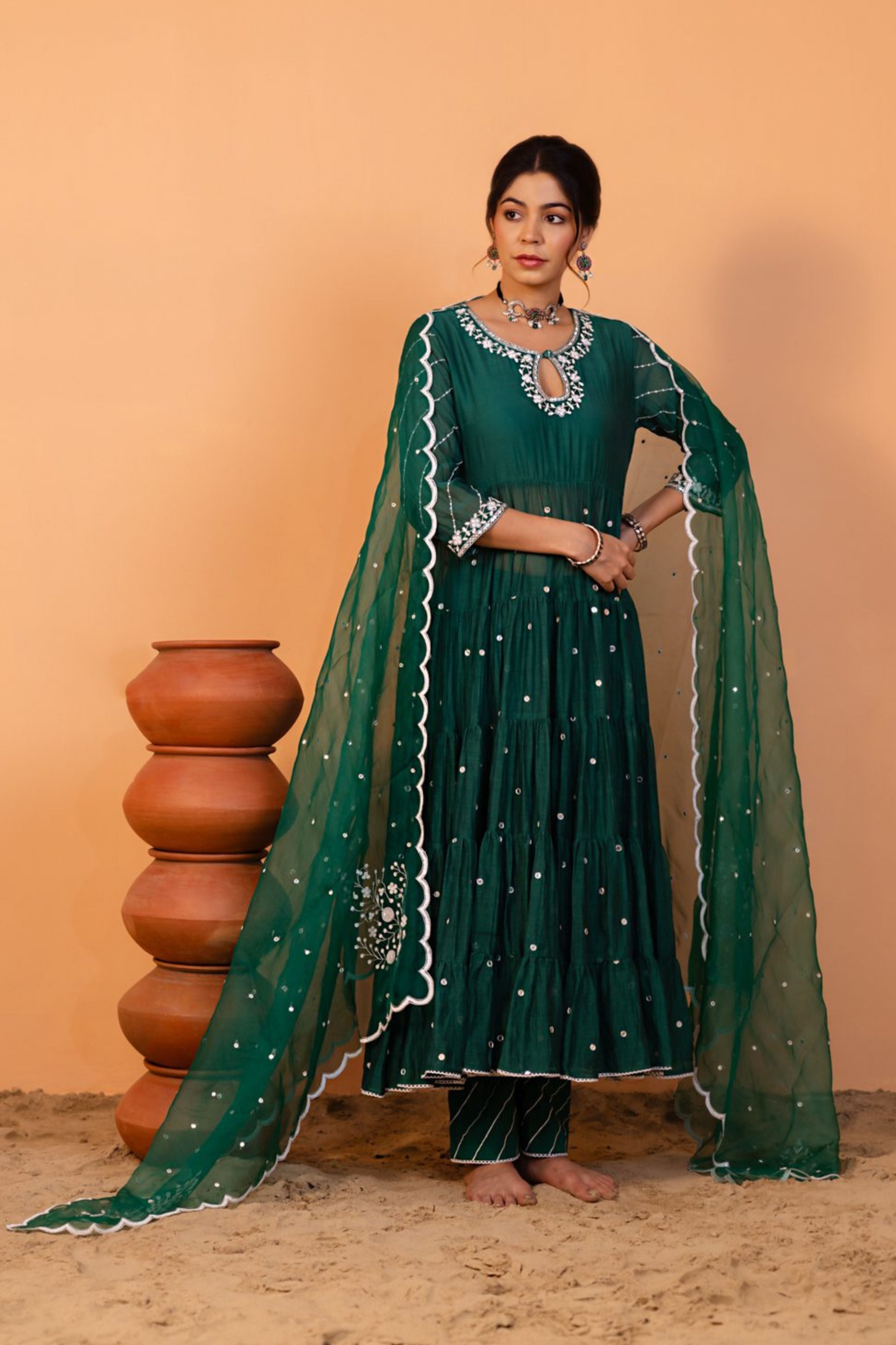 Emerald Green Tiered Anarkali Set