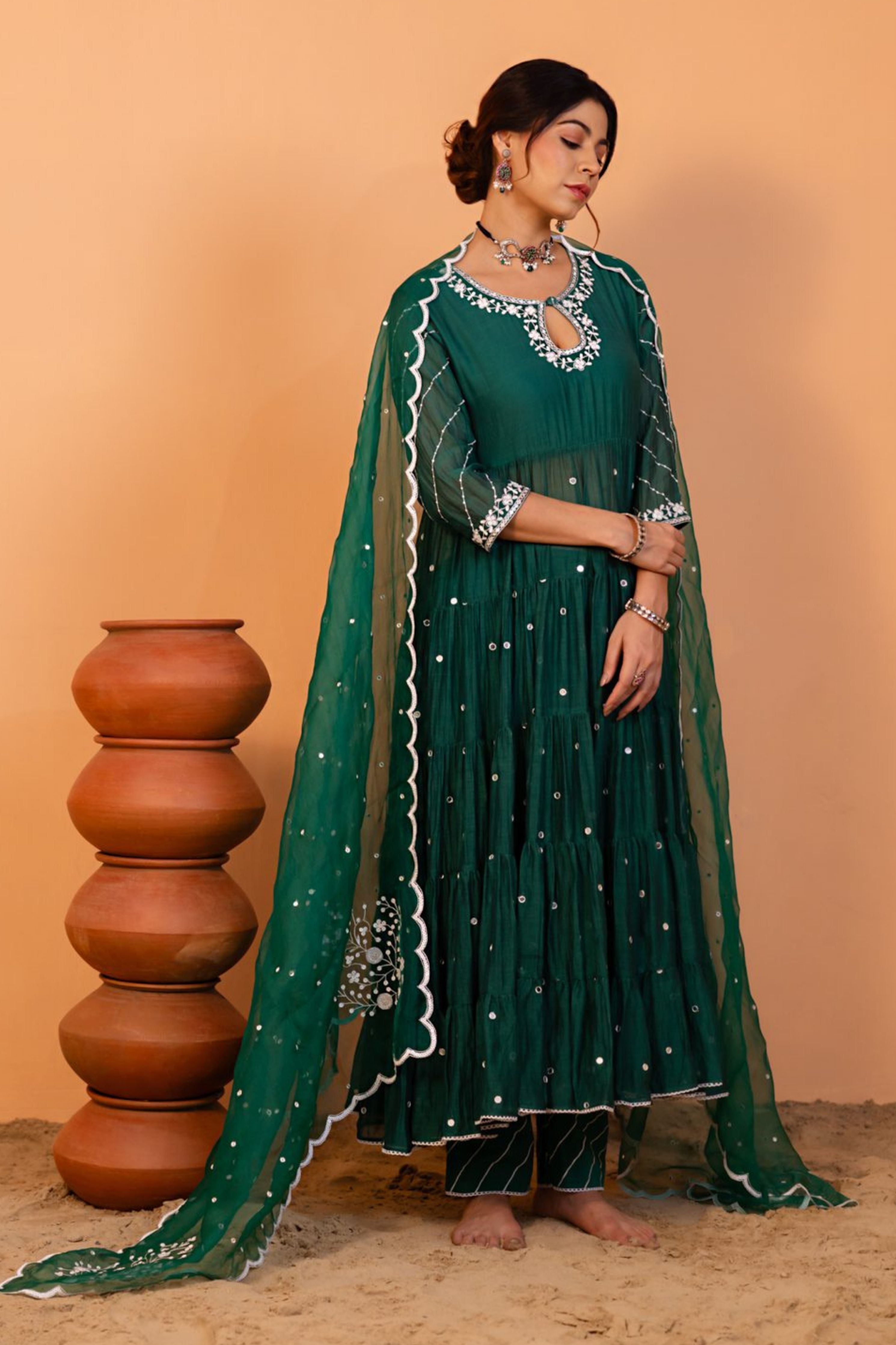 Emerald Green Tiered Anarkali Set