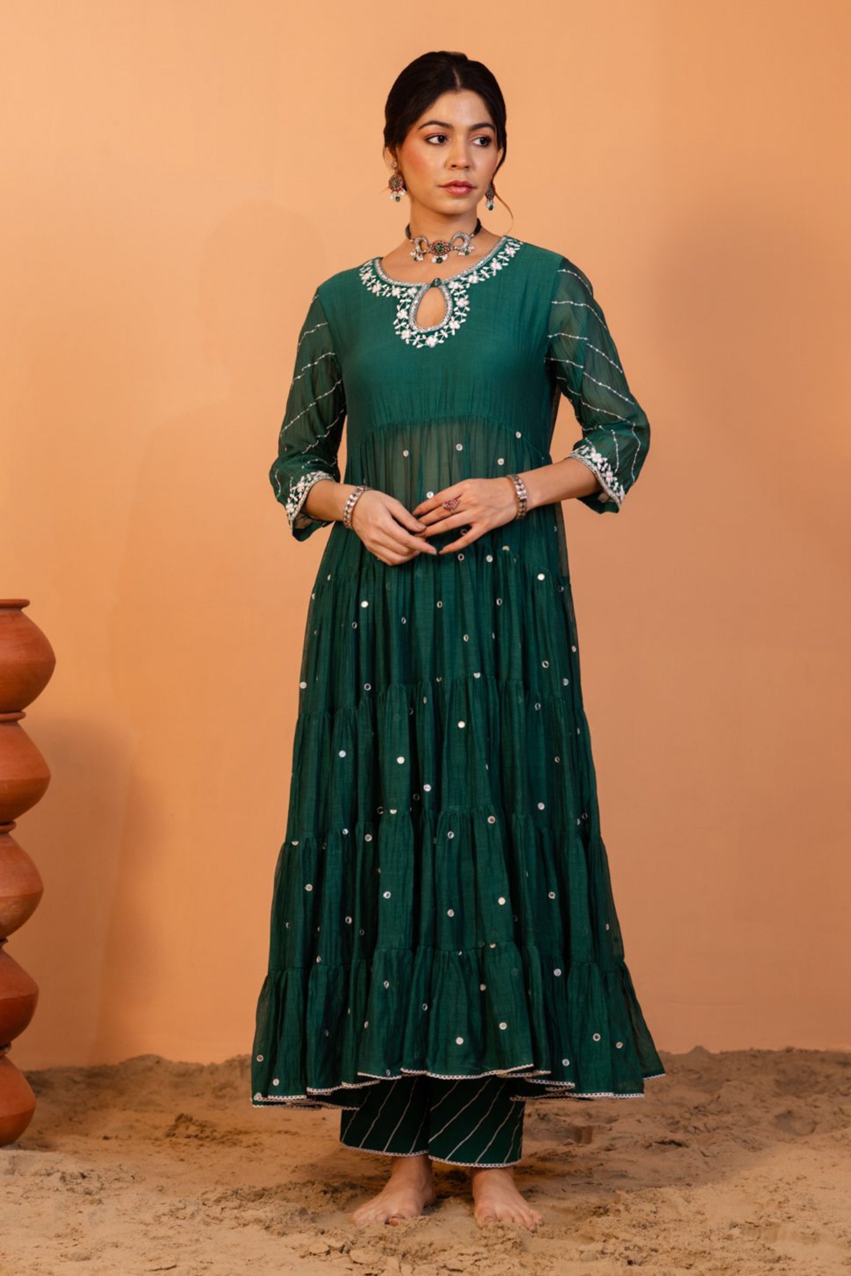 Emerald Green Tiered Anarkali Set
