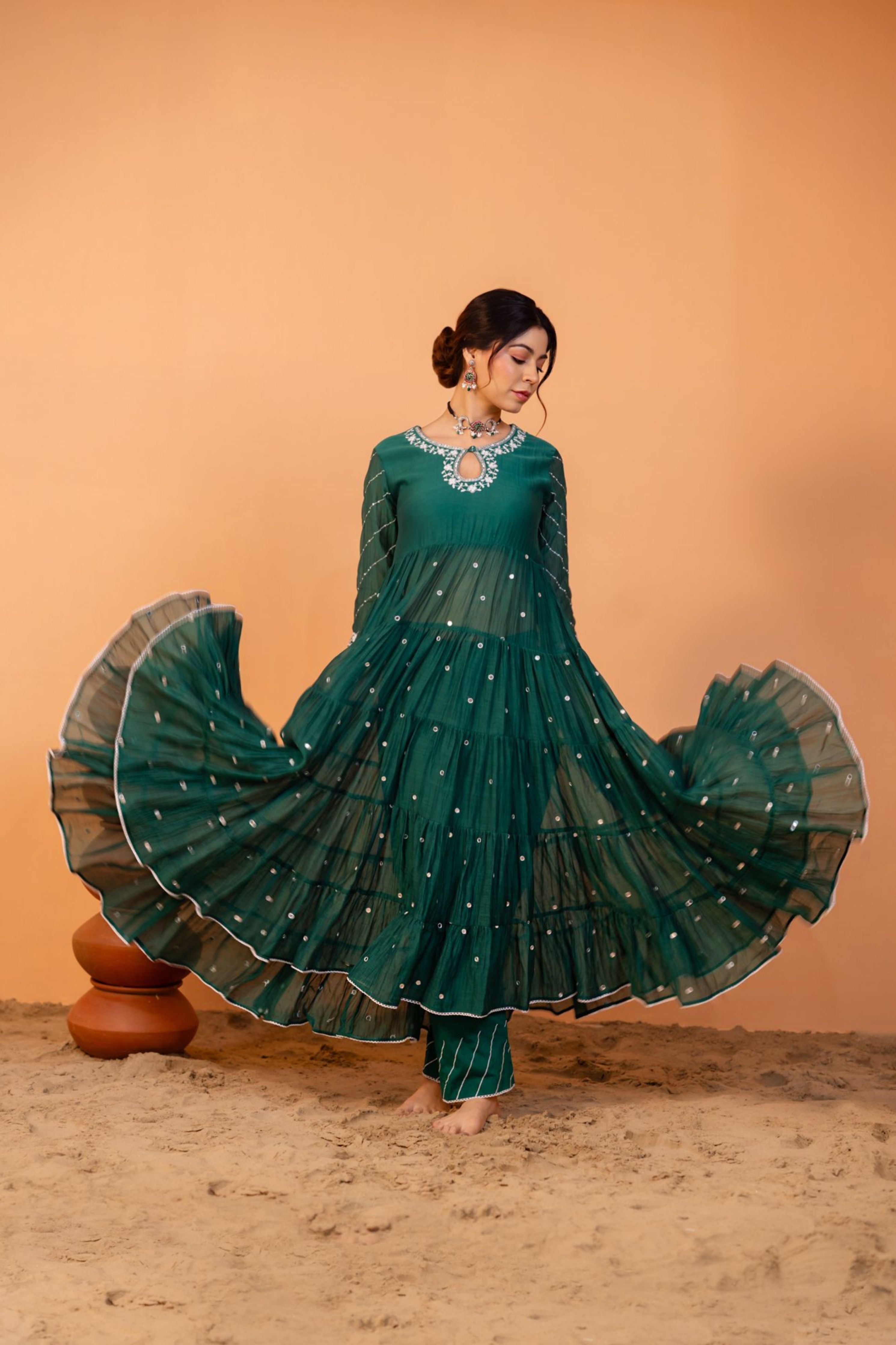 Emerald Green Tiered Anarkali Set