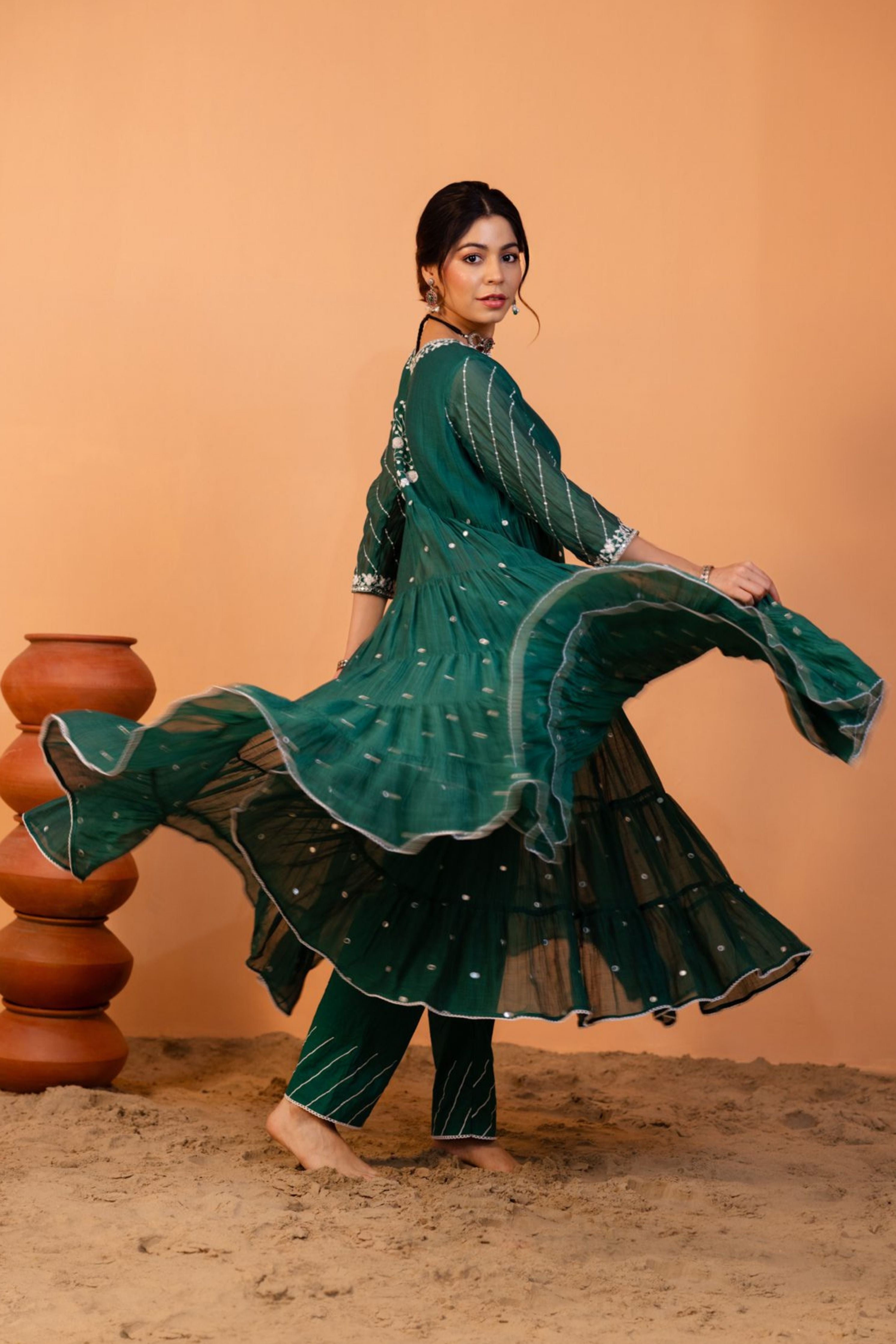 Emerald Green Tiered Anarkali Set