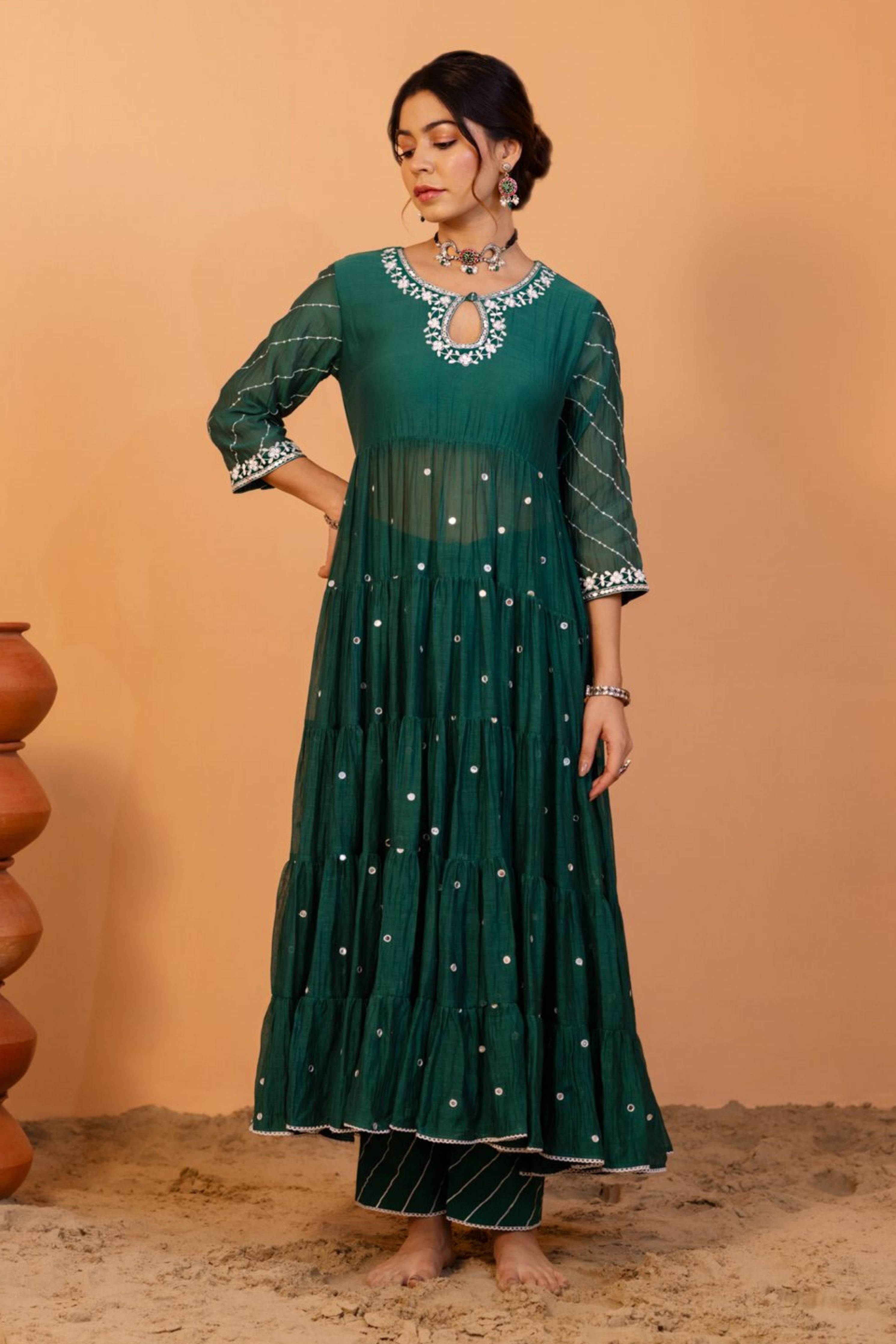 Emerald Green Tiered Anarkali Set