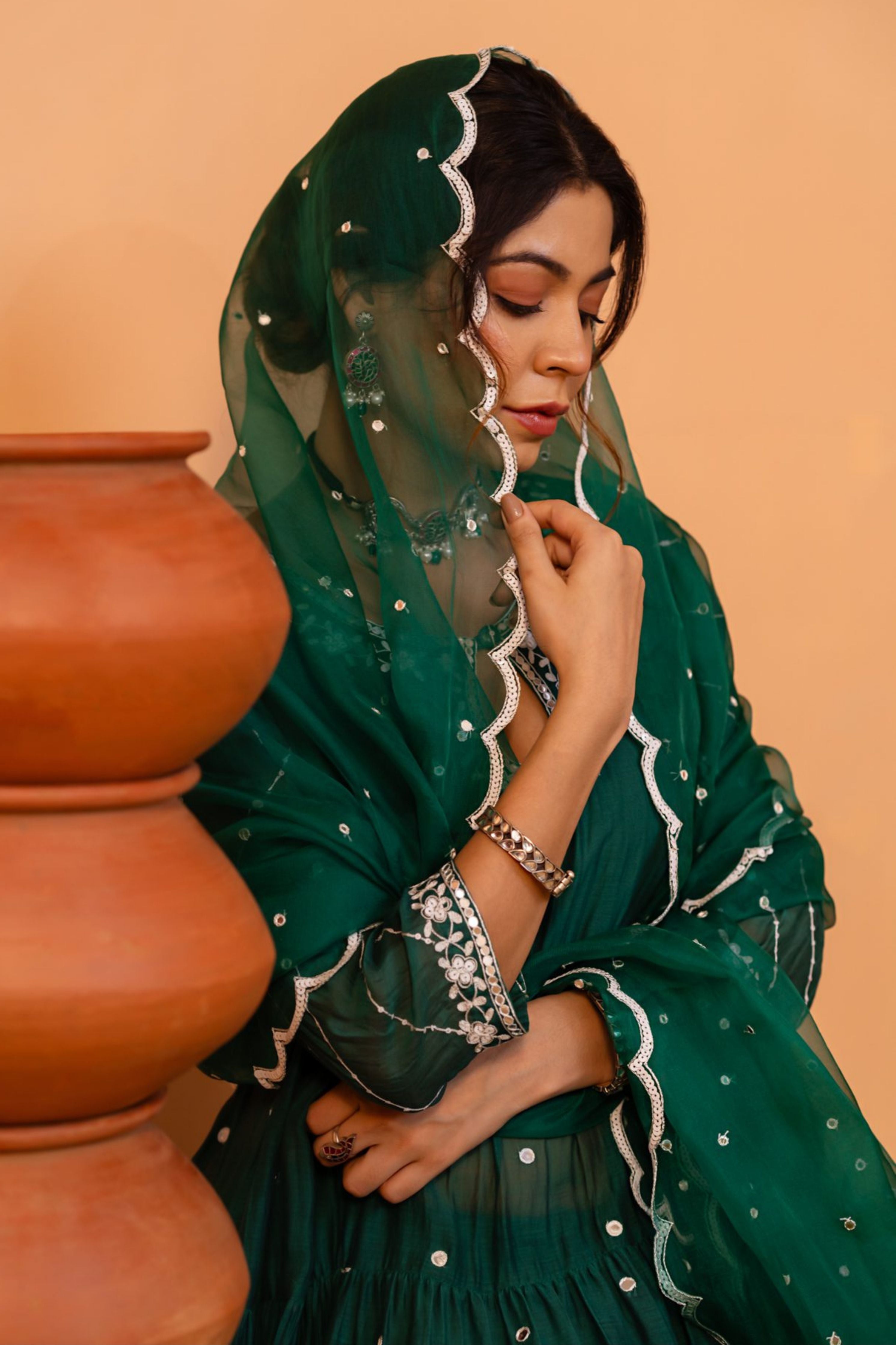 Emerald Green Tiered Anarkali Set