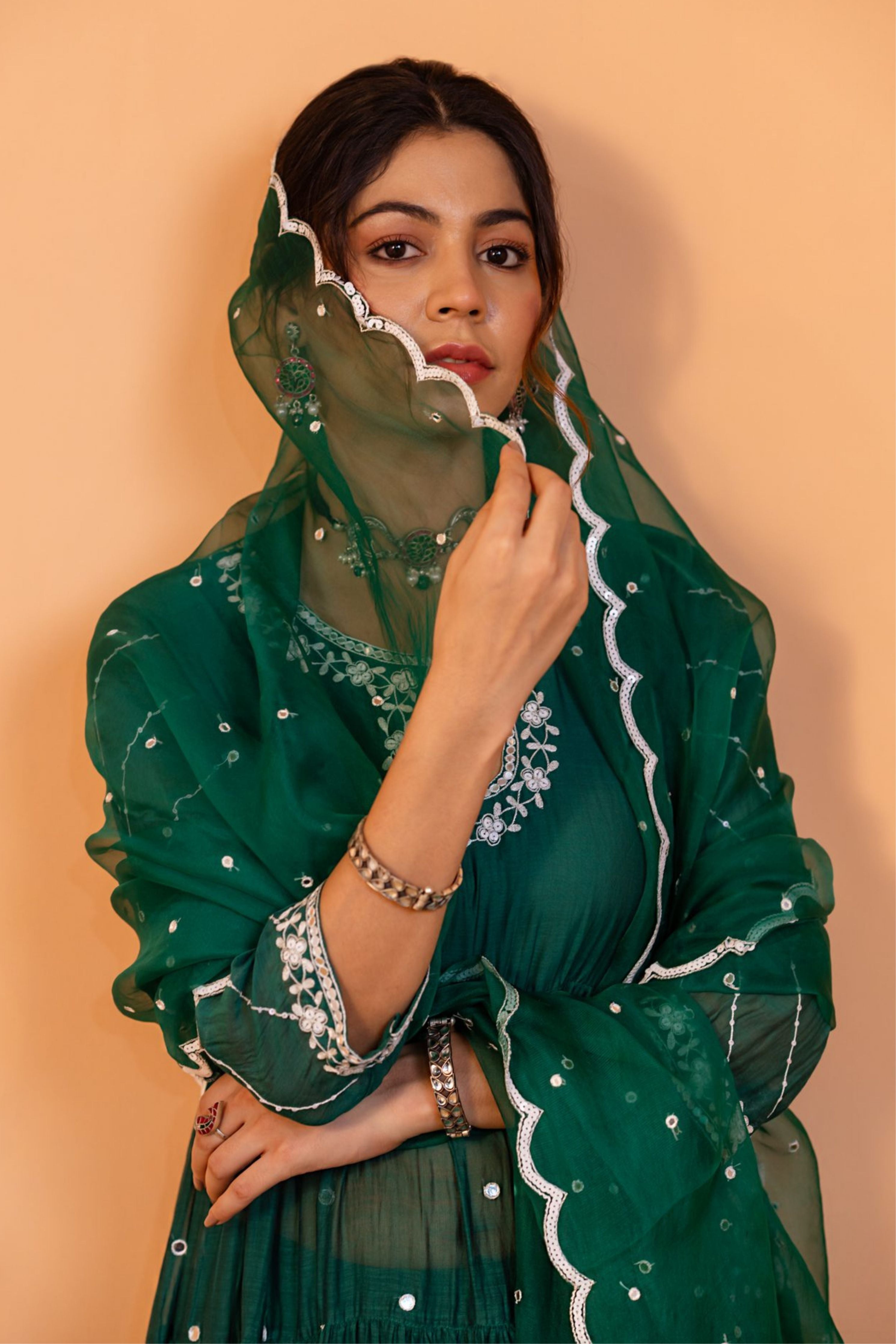 Emerald Green Tiered Anarkali Set