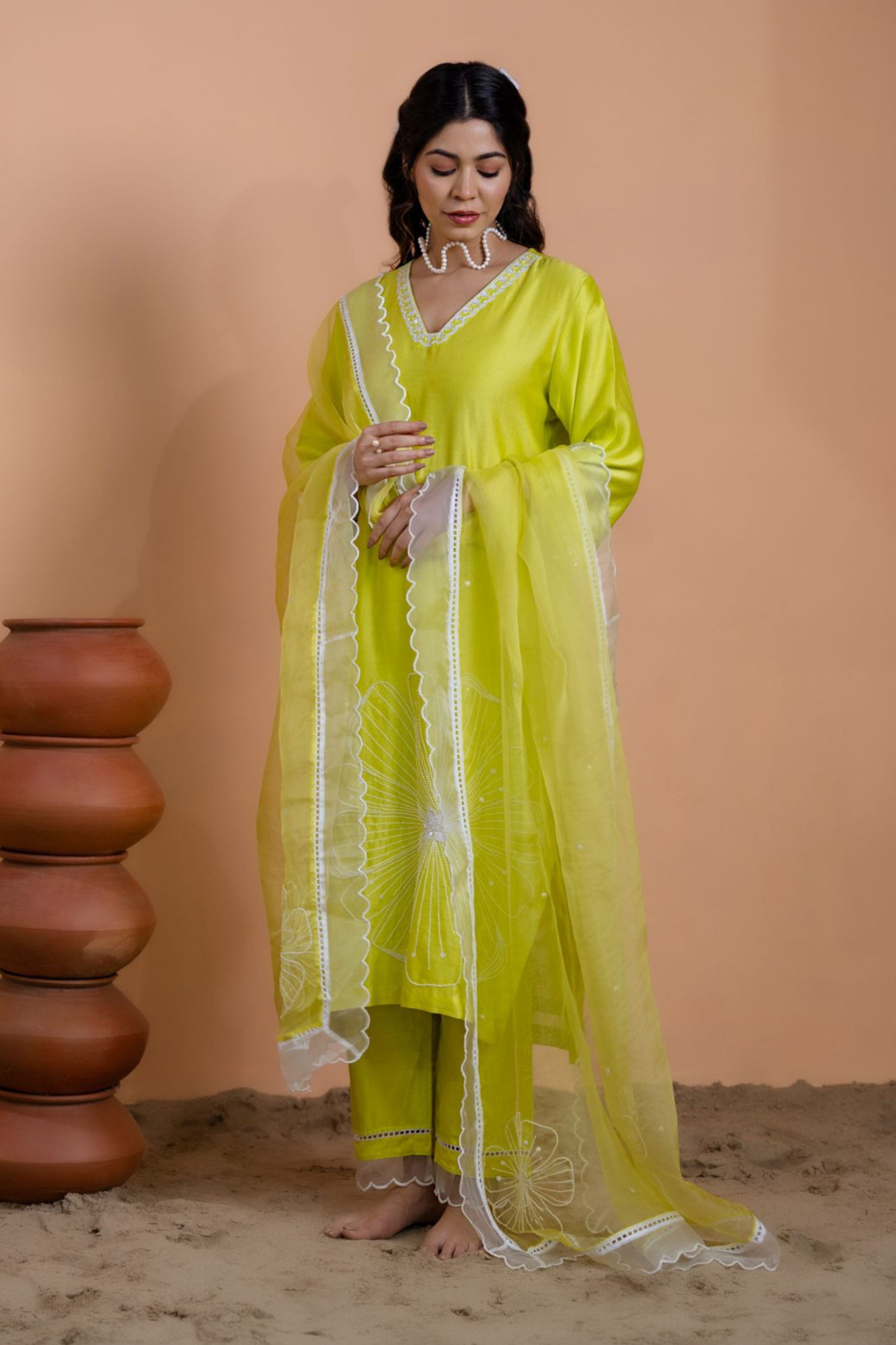 Neon Green Floral Motif Suit Set