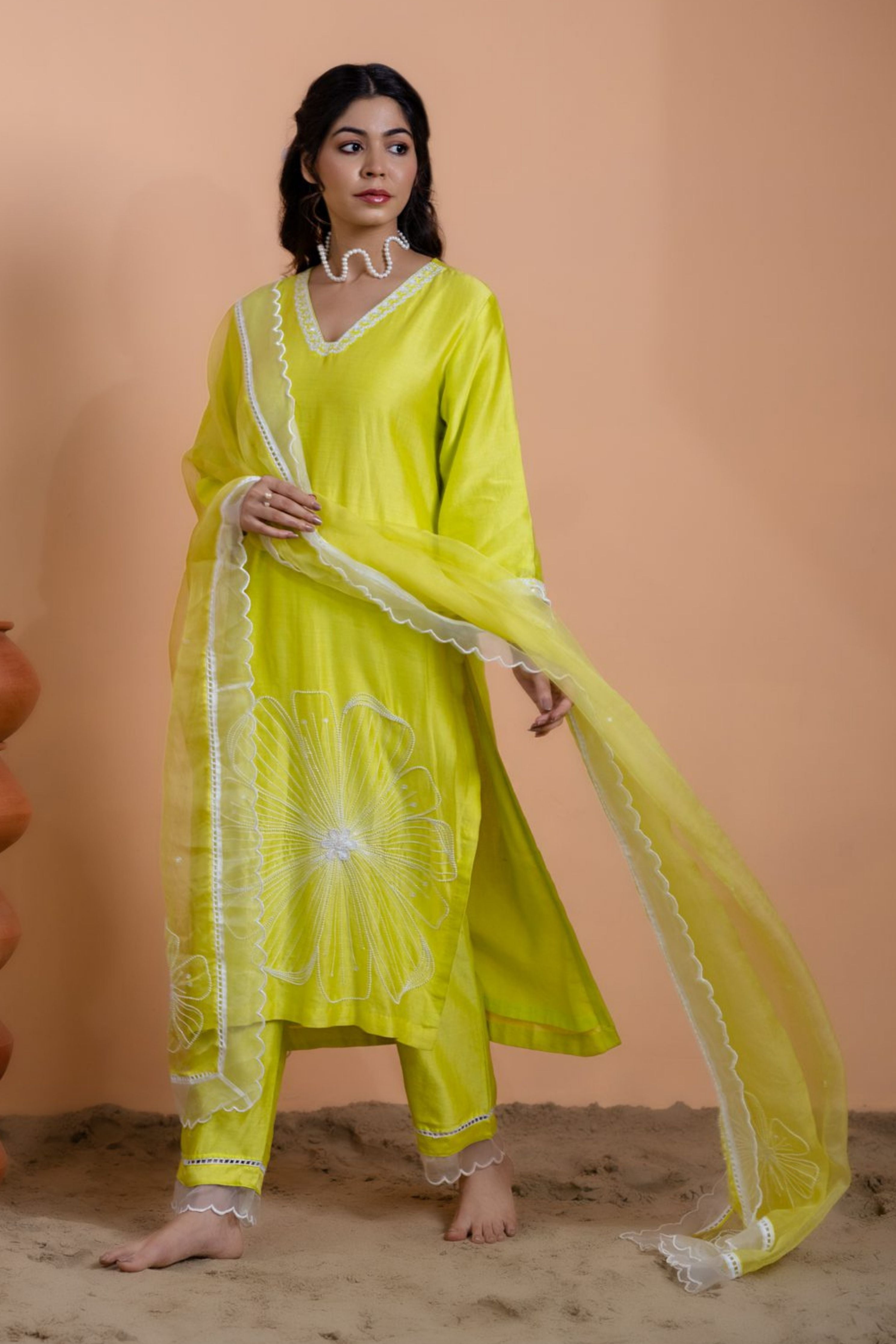 Neon Green Floral Motif Suit Set