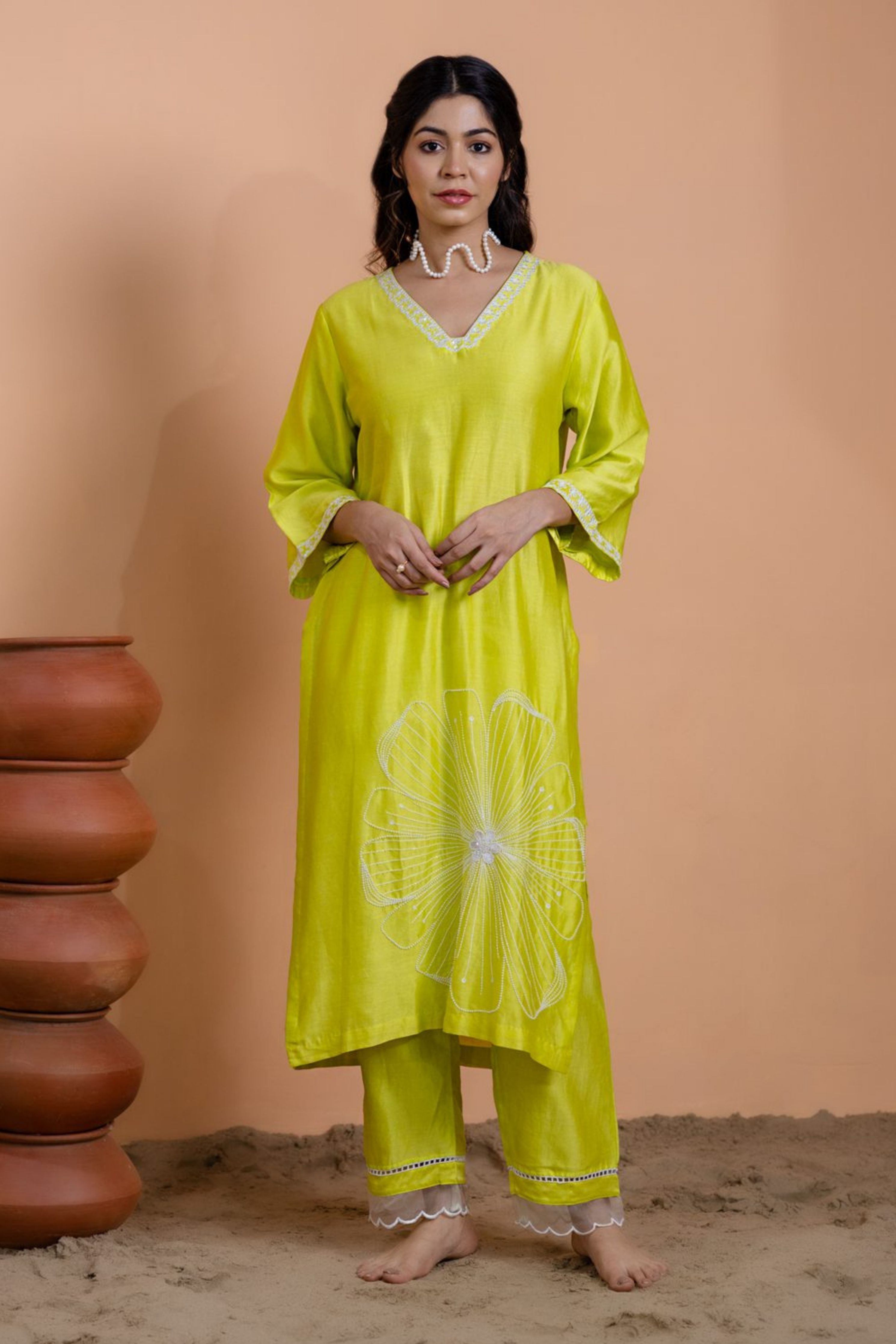 Neon Green Floral Motif Suit Set