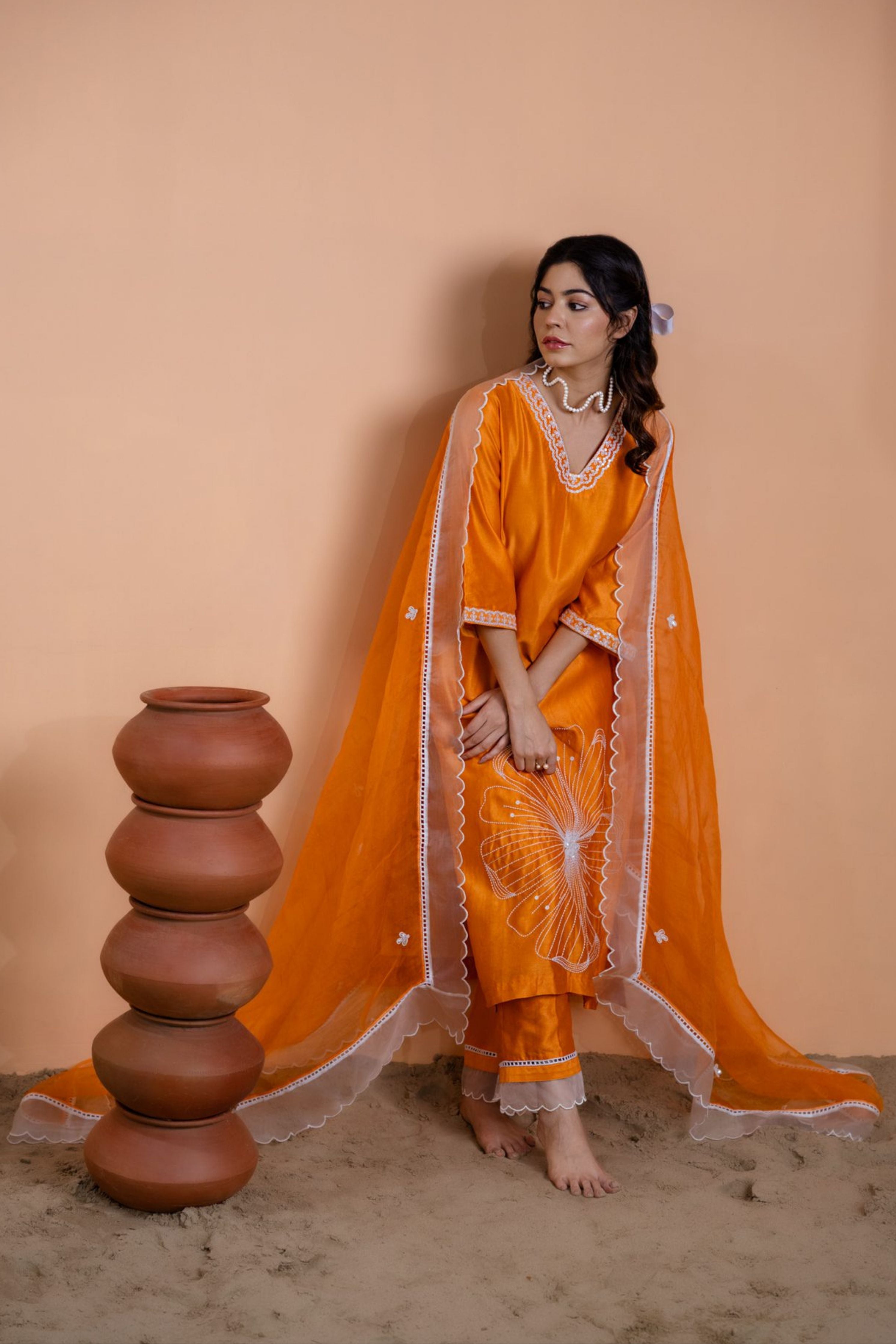 Orange Floral Motif Suit Set