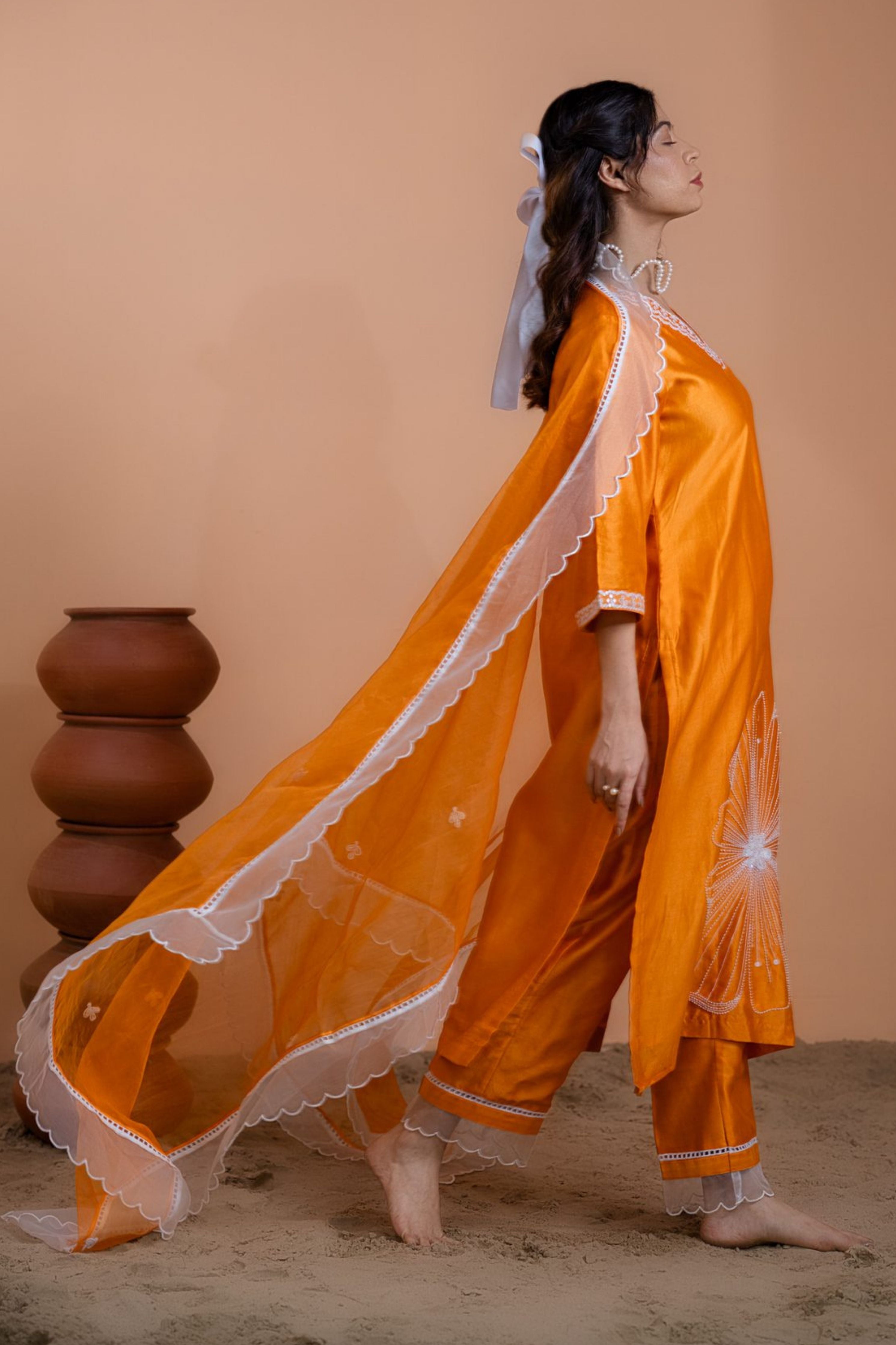 Orange Floral Motif Suit Set