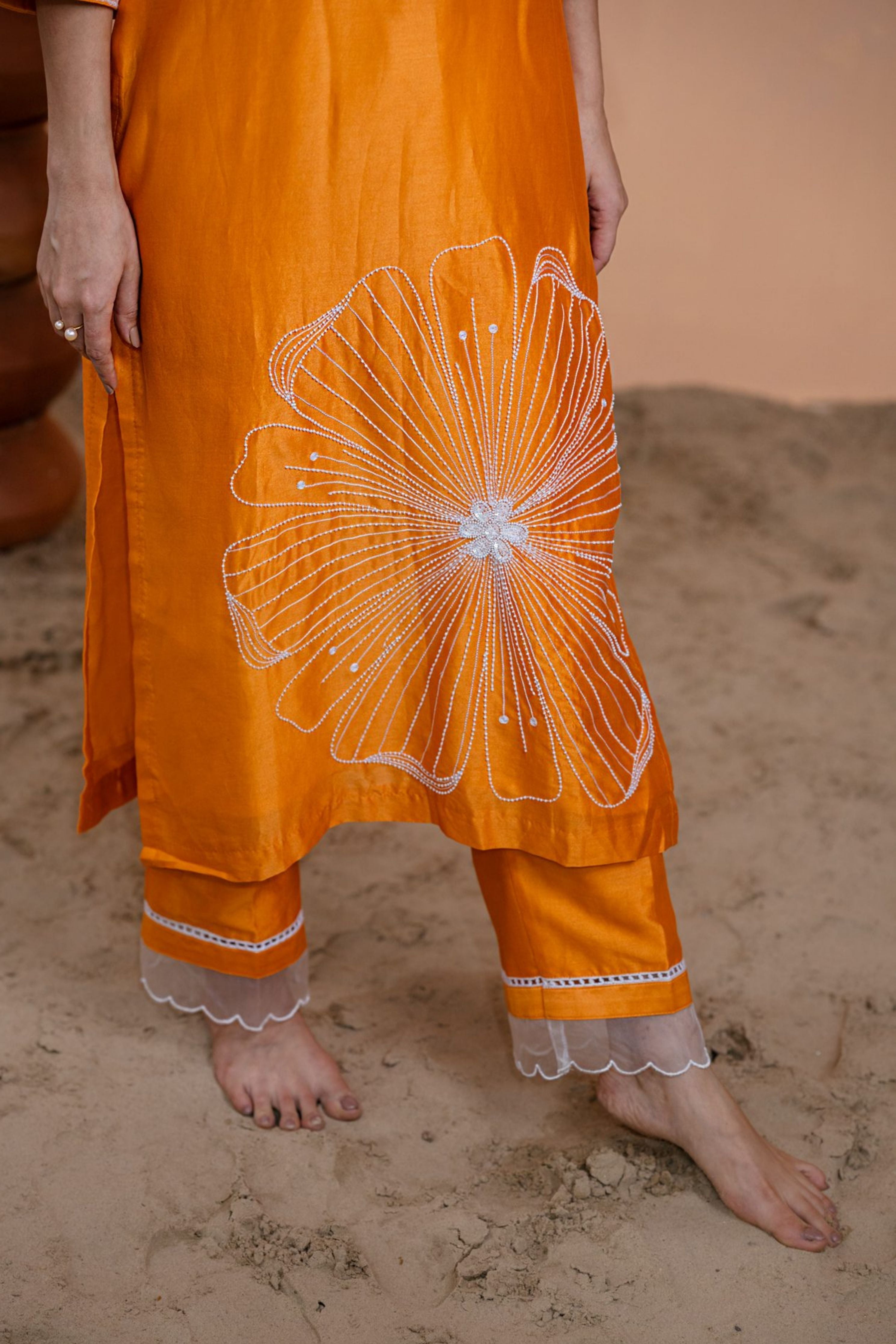 Orange Floral Motif Suit Set