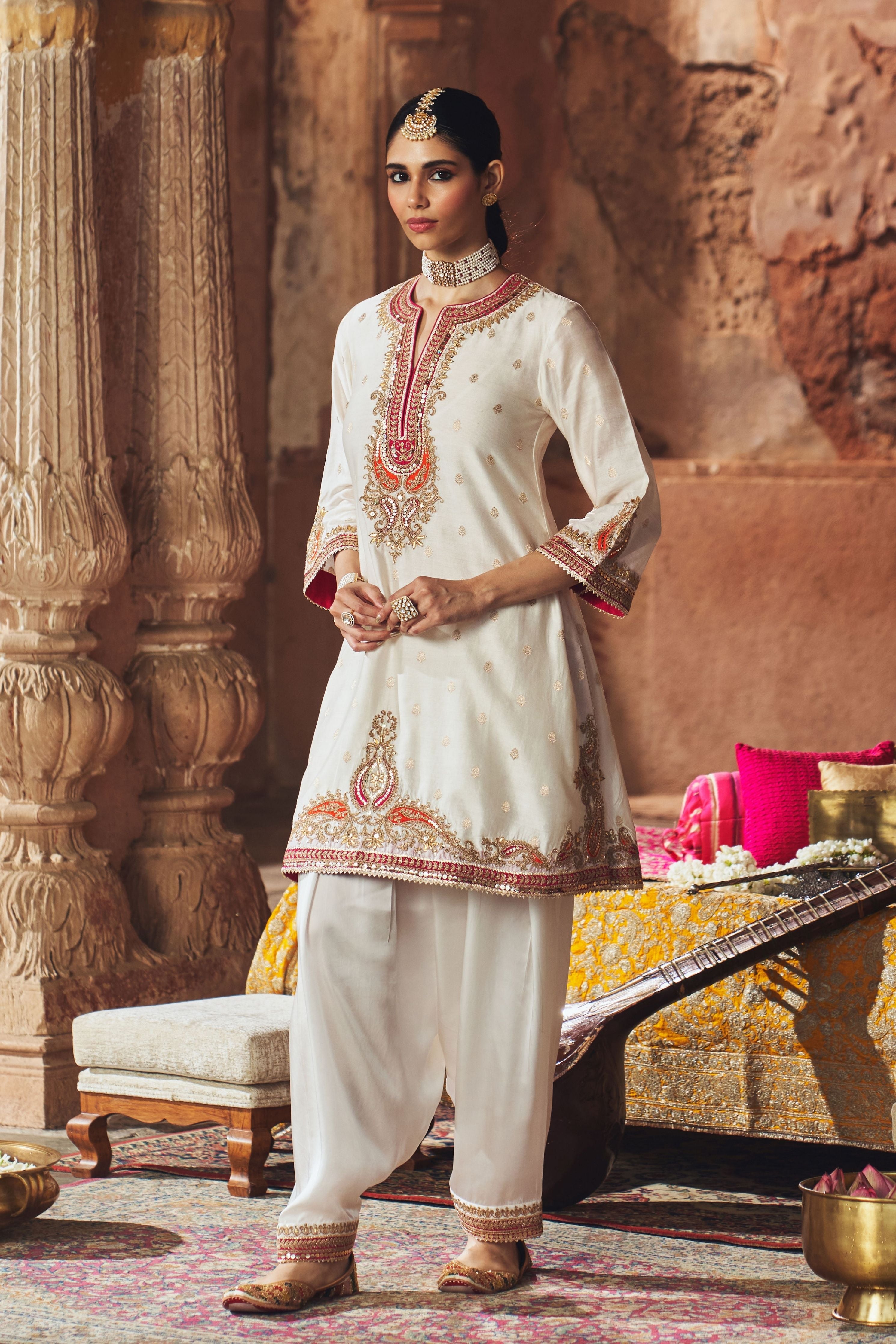 Mehwish  Daisy Ivory Short Kurta With Salwar And Dupatta