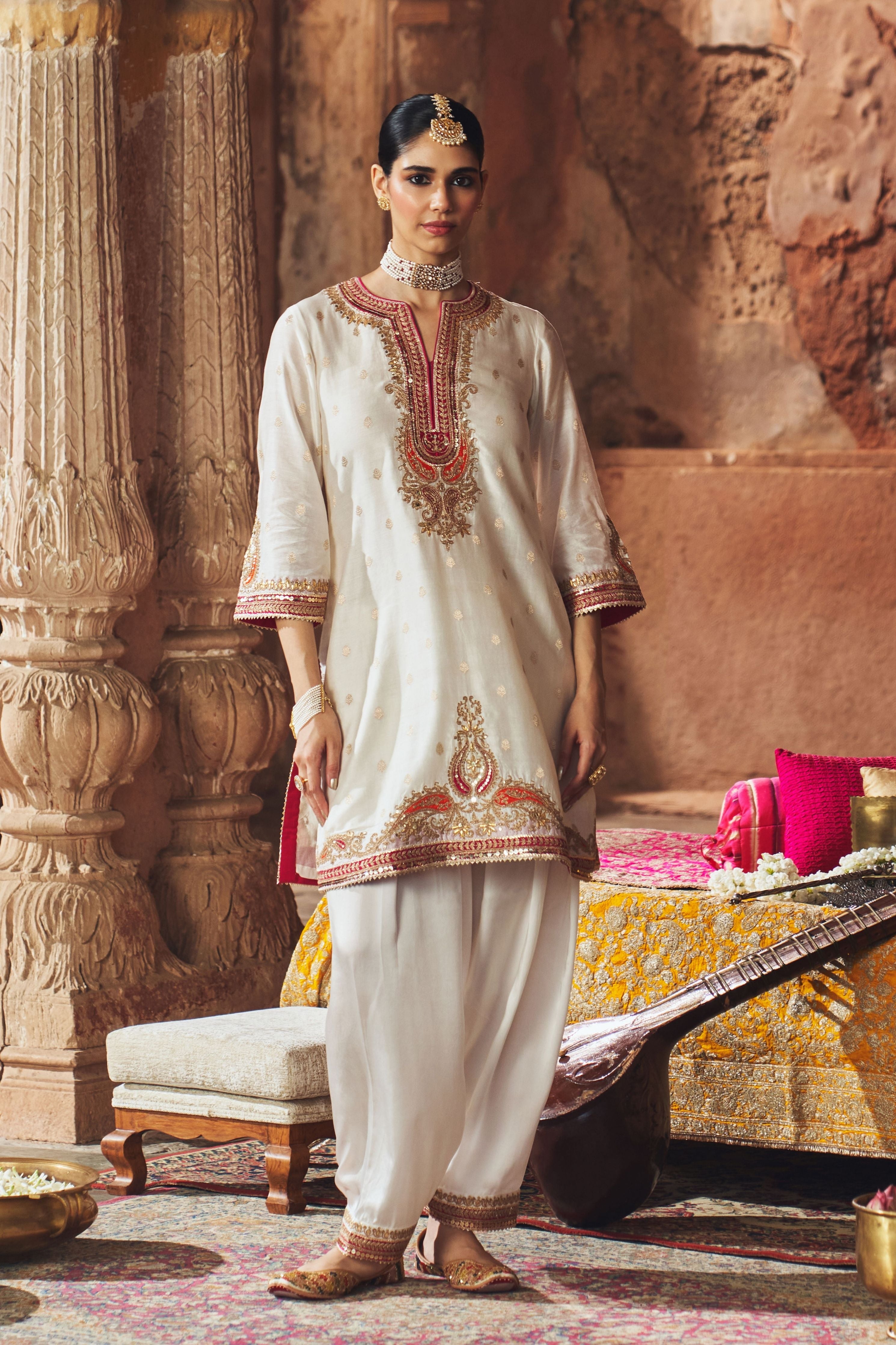 Mehwish  Daisy Ivory Short Kurta With Salwar And Dupatta