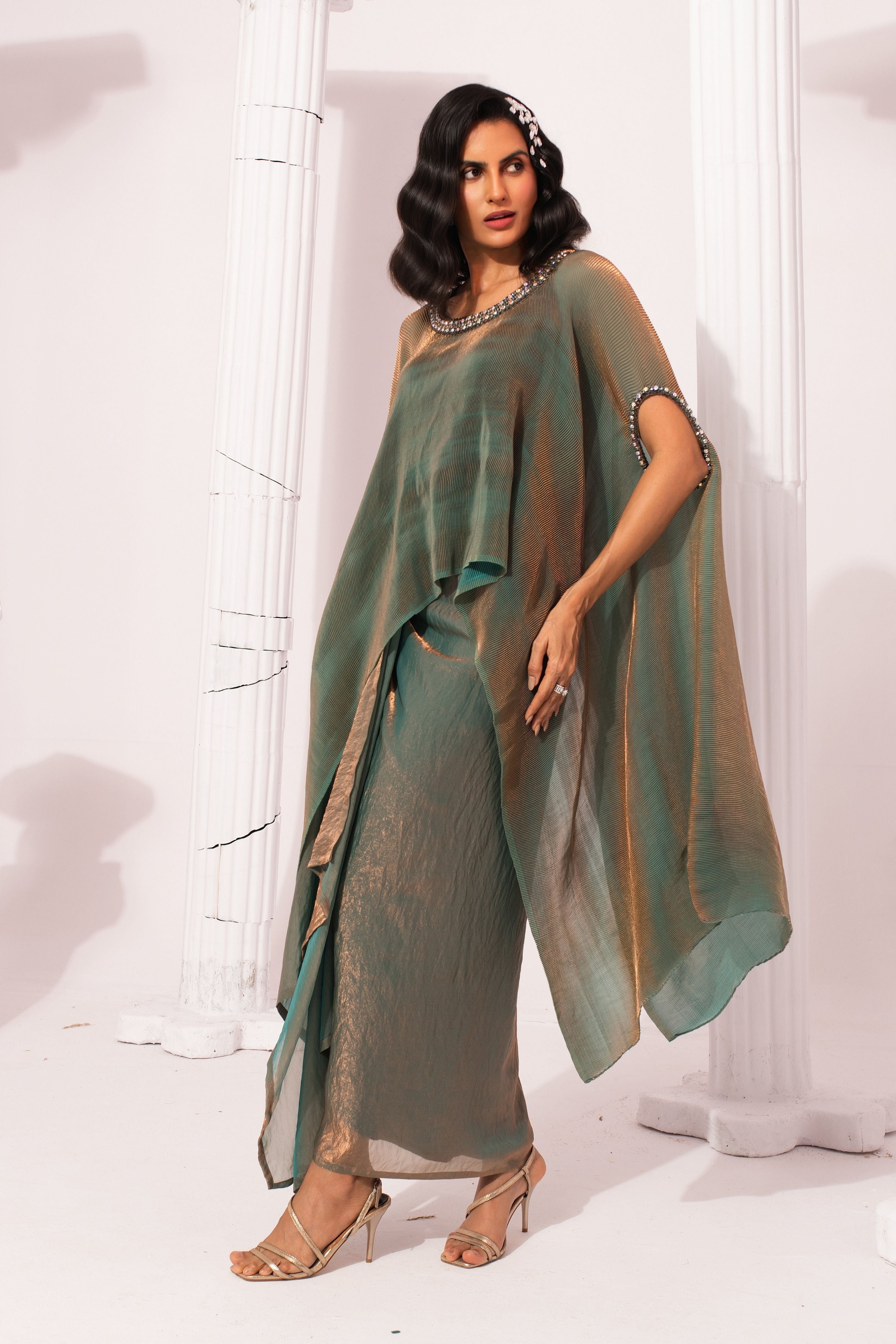 Metalic Moss Green Kaftan & Dhoti Set
