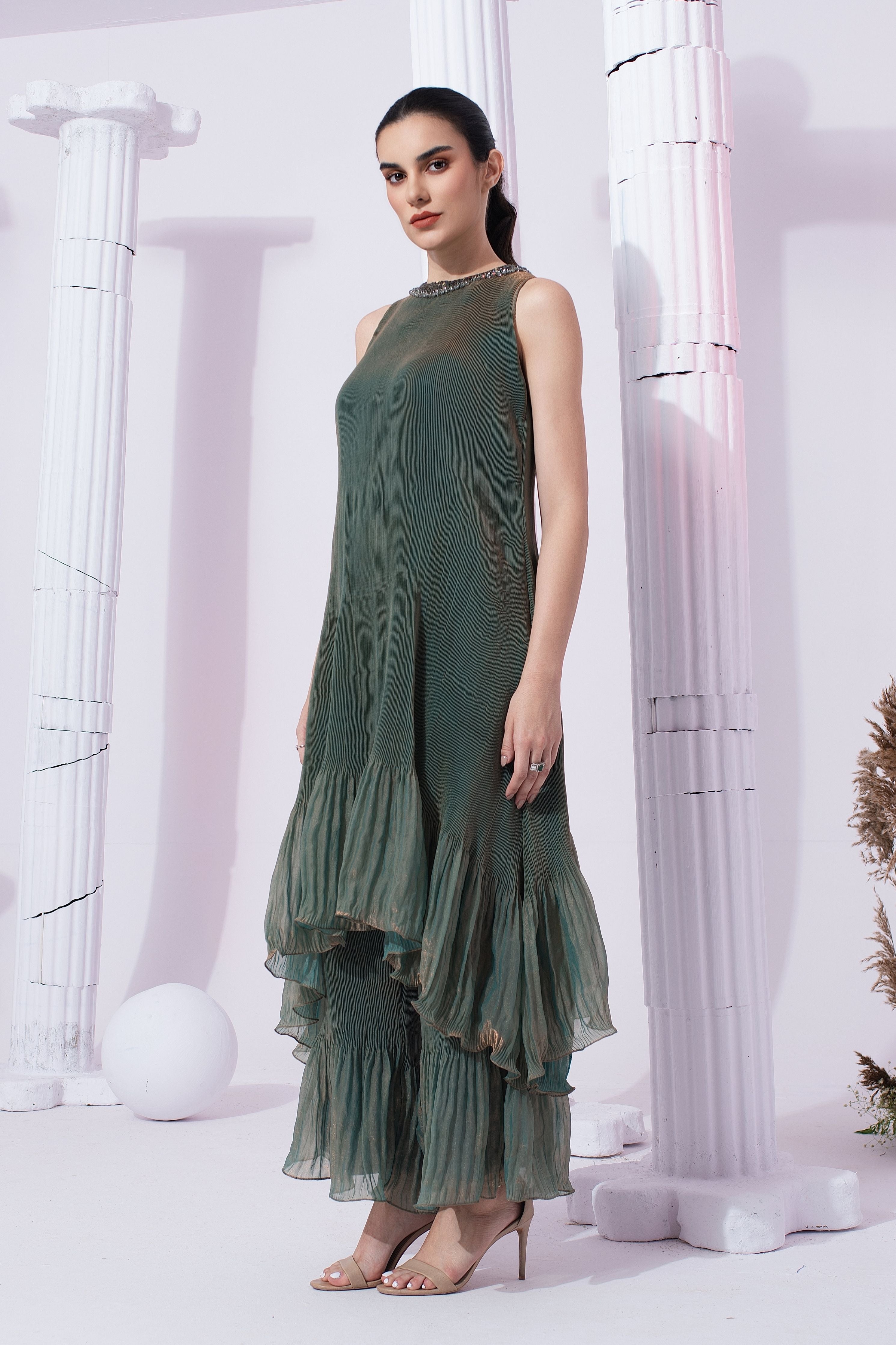 Metalic Moss Green  High Neck Kurta Set