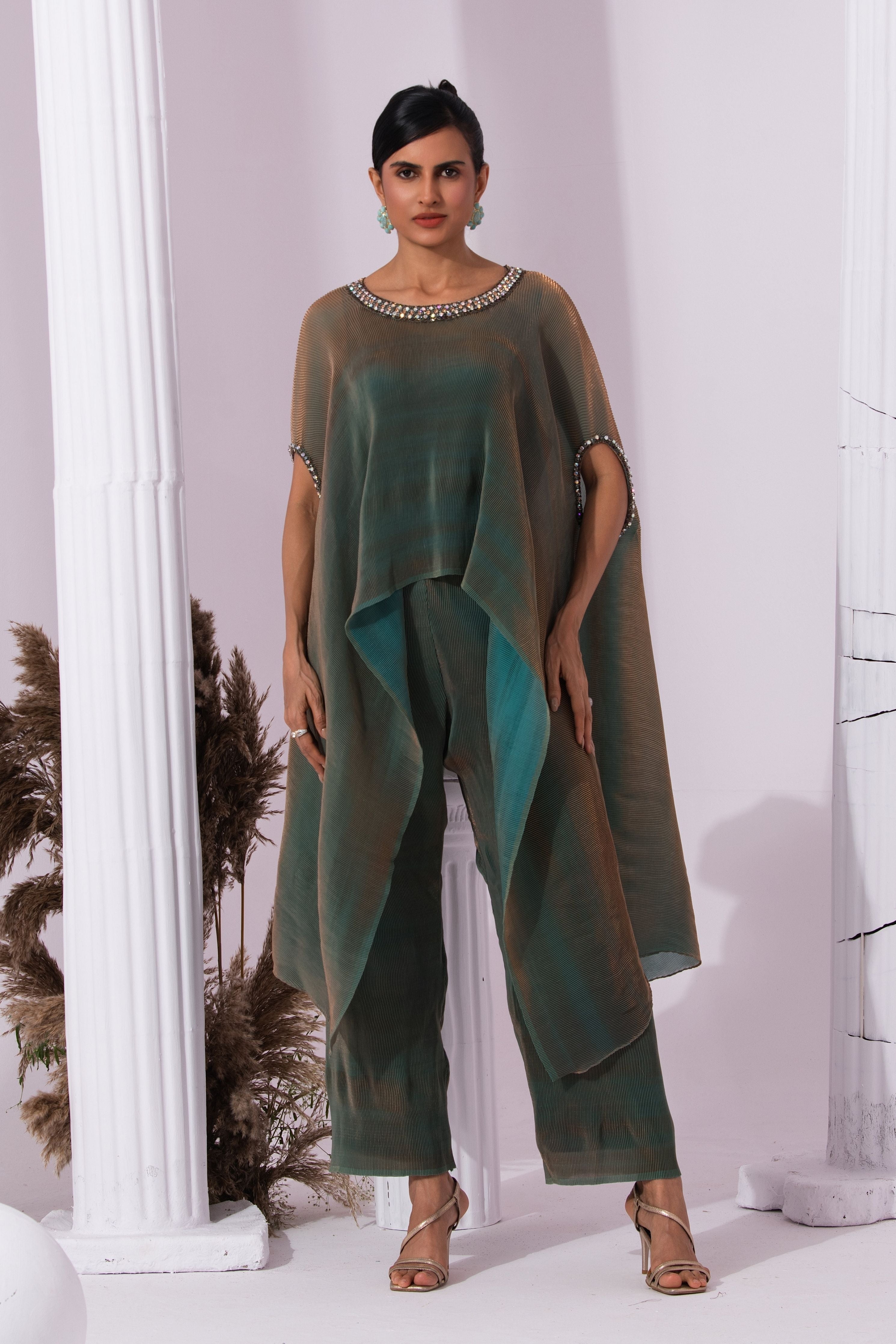 Metalic Moss Green Kaftan & Pant Set