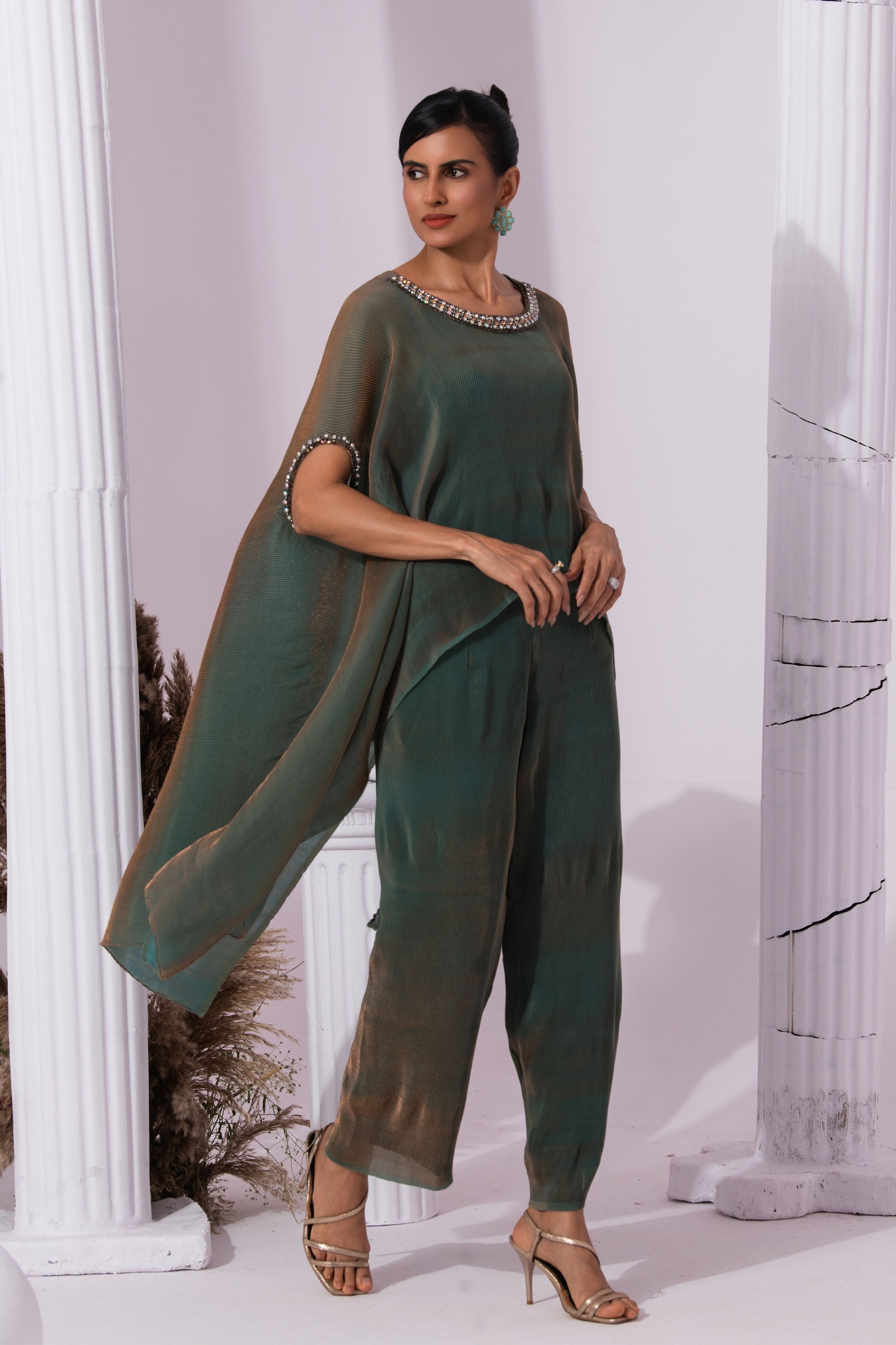 Metalic Moss Green Kaftan & Pant Set