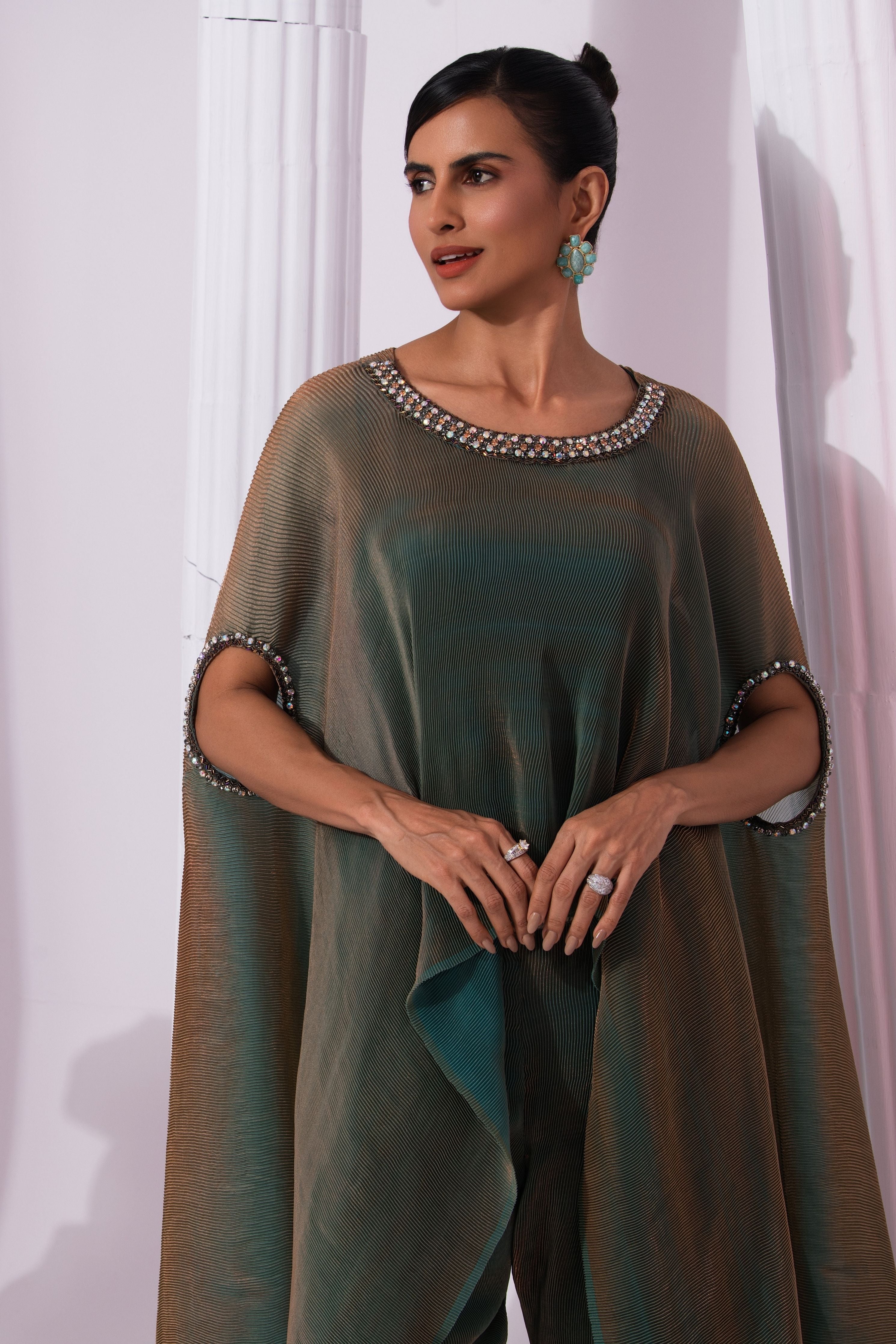 Metalic Moss Green Kaftan & Pant Set