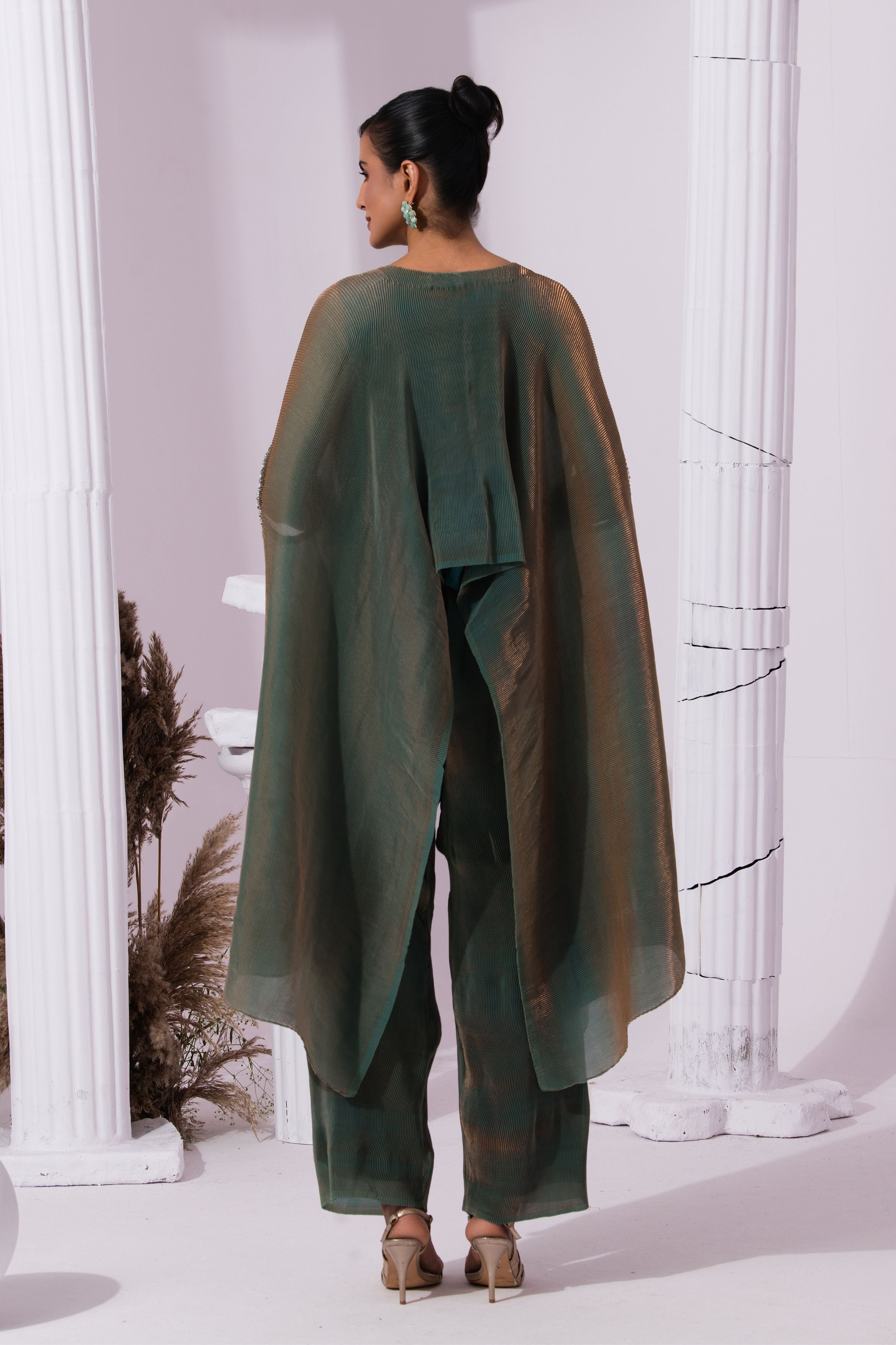 Metalic Moss Green Kaftan & Pant Set