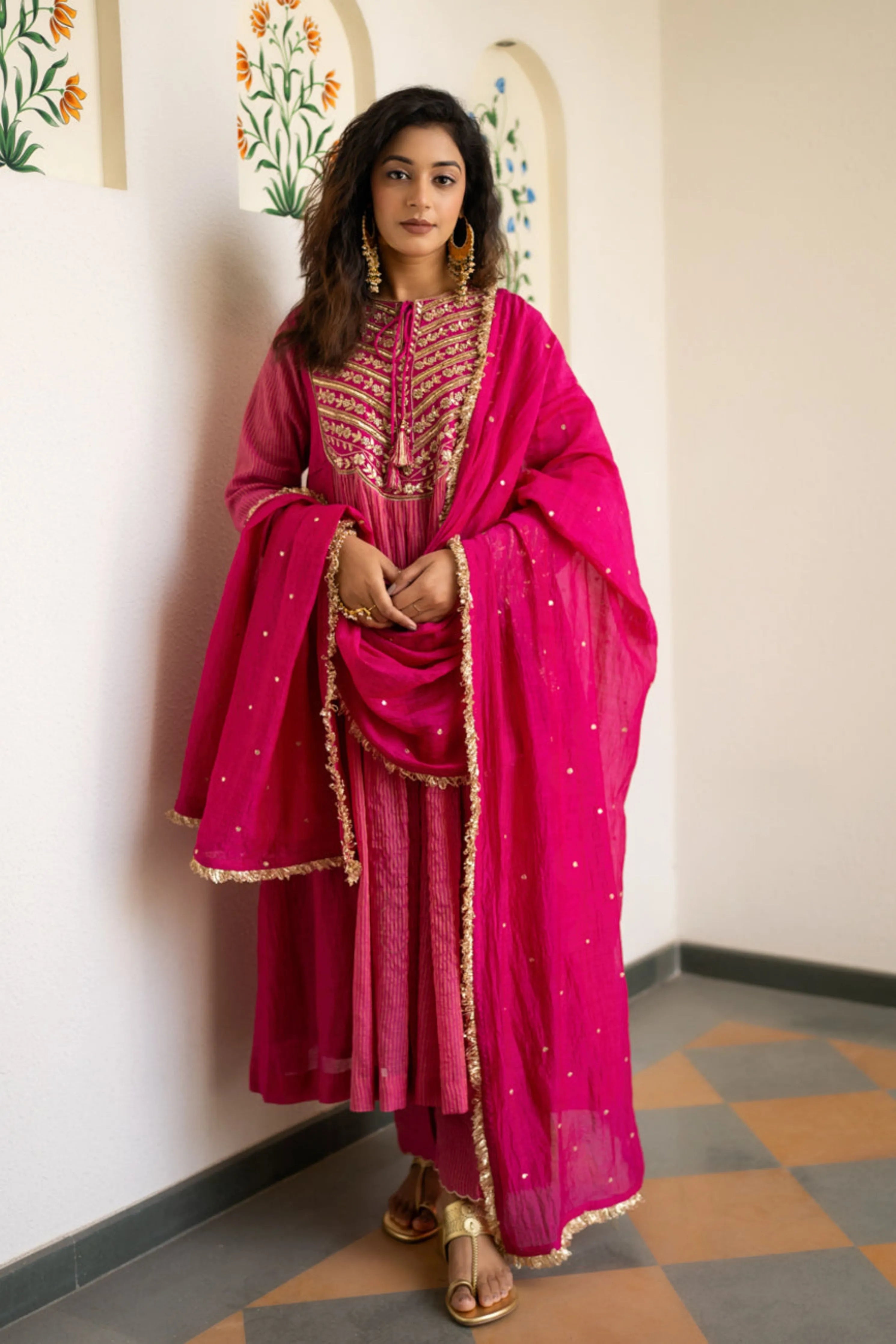 Pink Tissue Centre Gathered Kurta Set