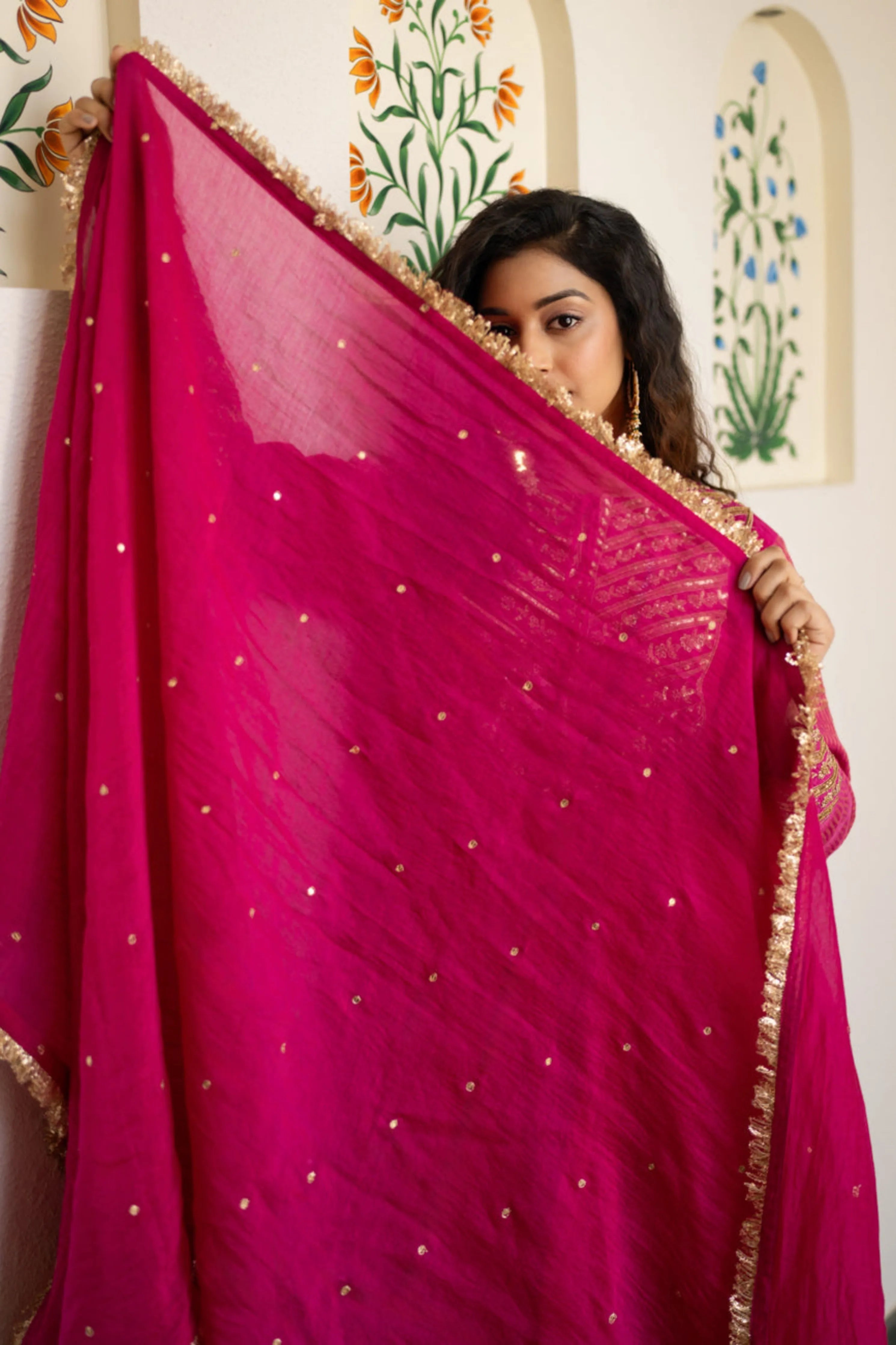 Pink Tissue Centre Gathered Kurta Set