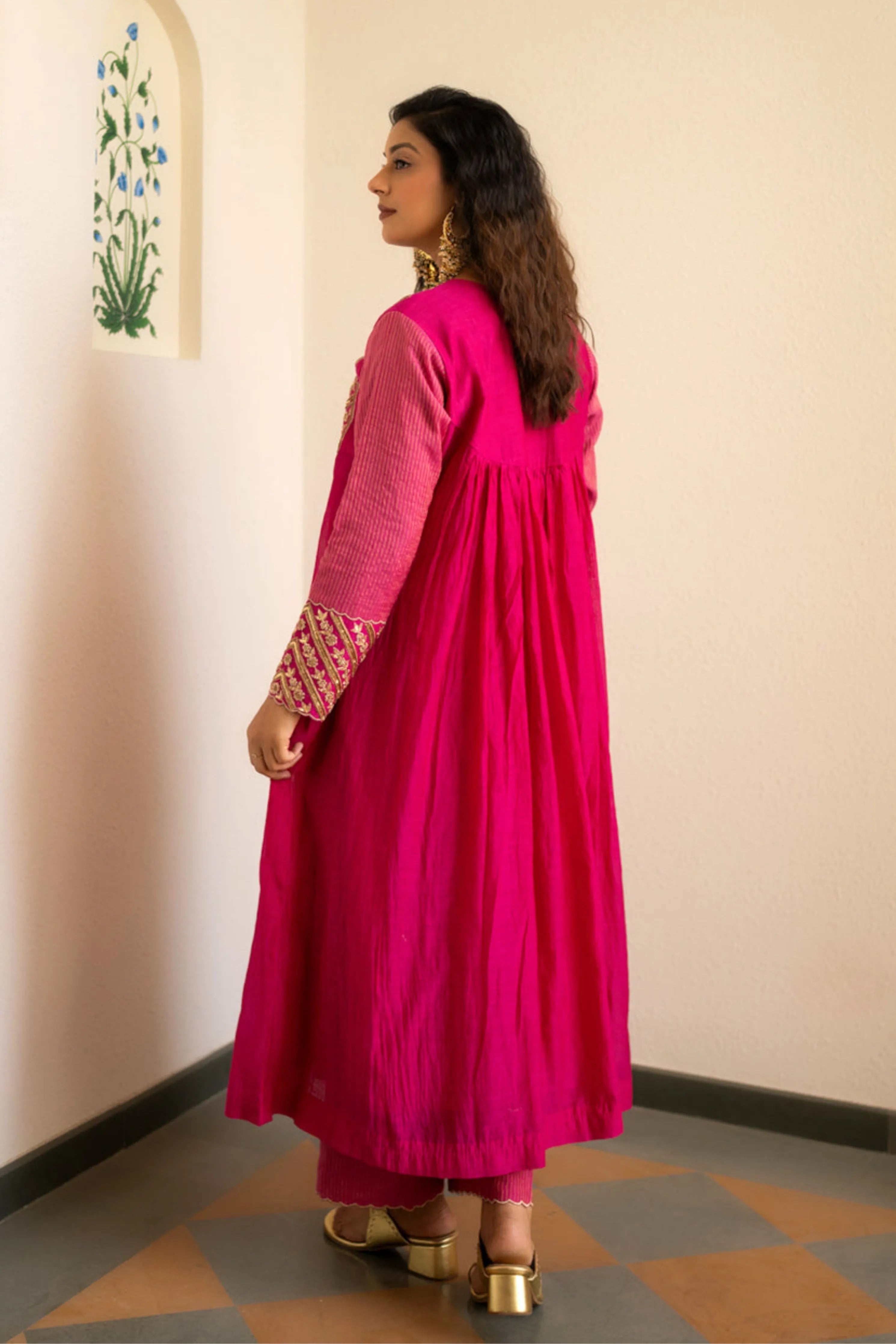 Pink Tissue Centre Gathered Kurta Set