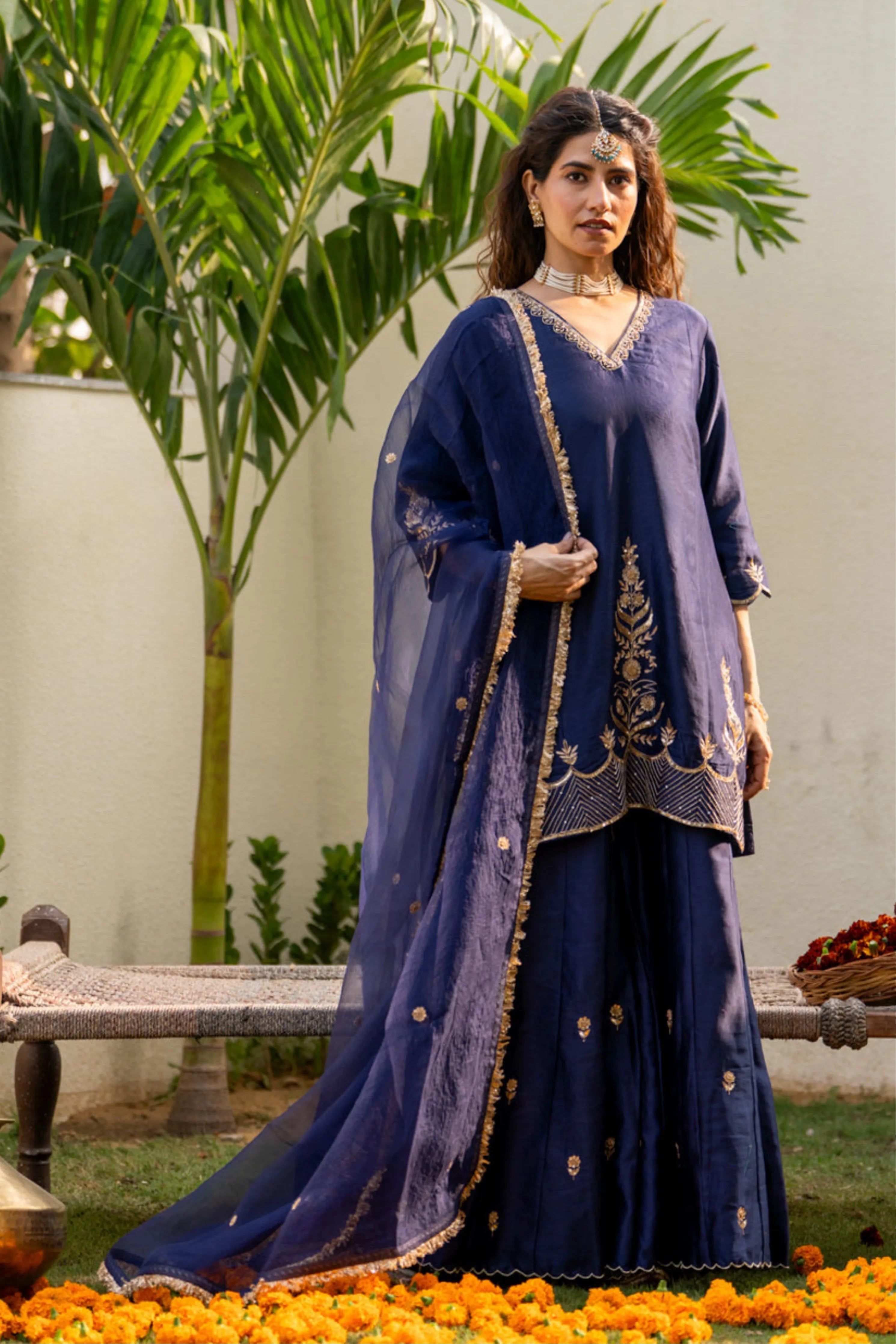 Midnight Blue Boota Aari Sharara Set
