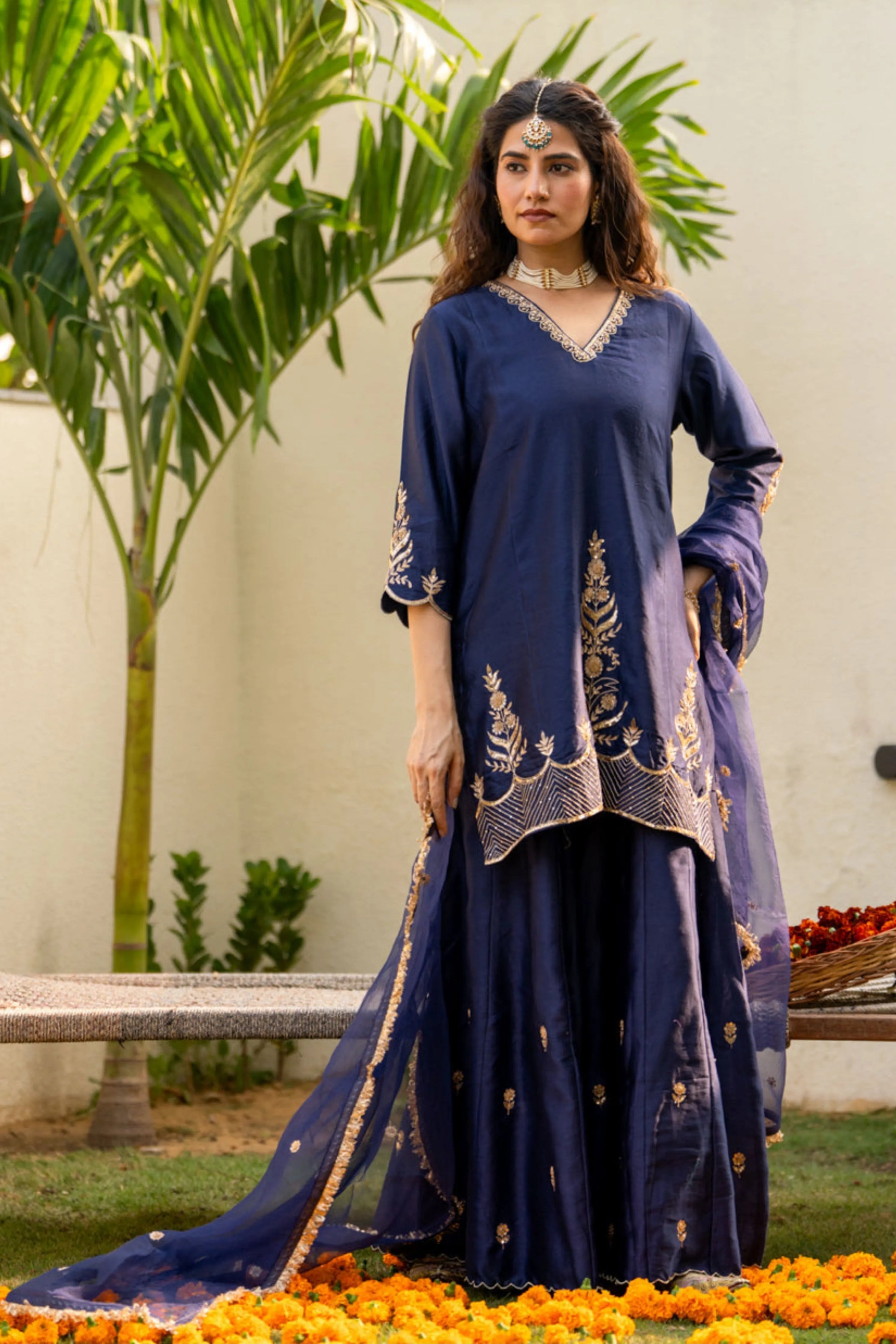 Midnight Blue Boota Aari Sharara Set
