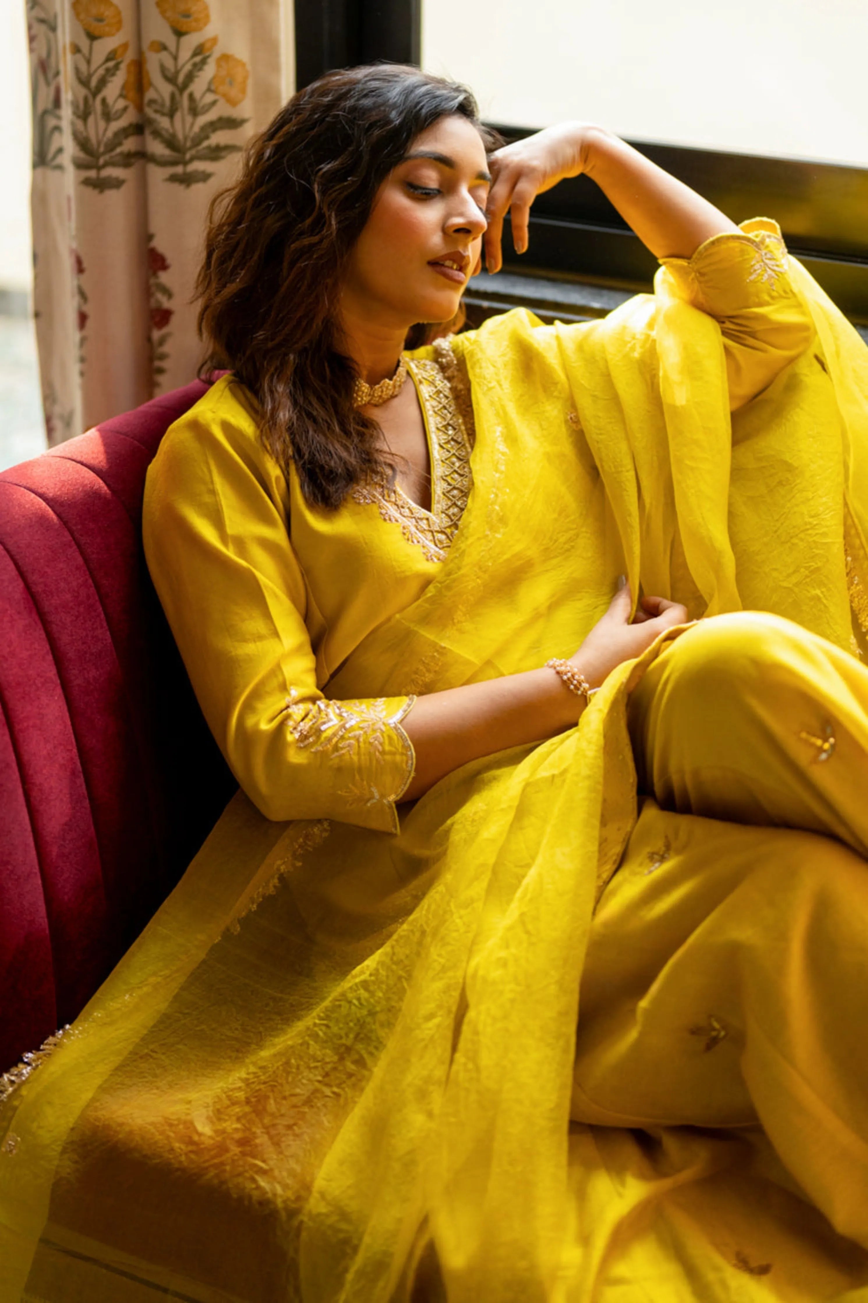 Lime Mustard Boota Aari Sharara