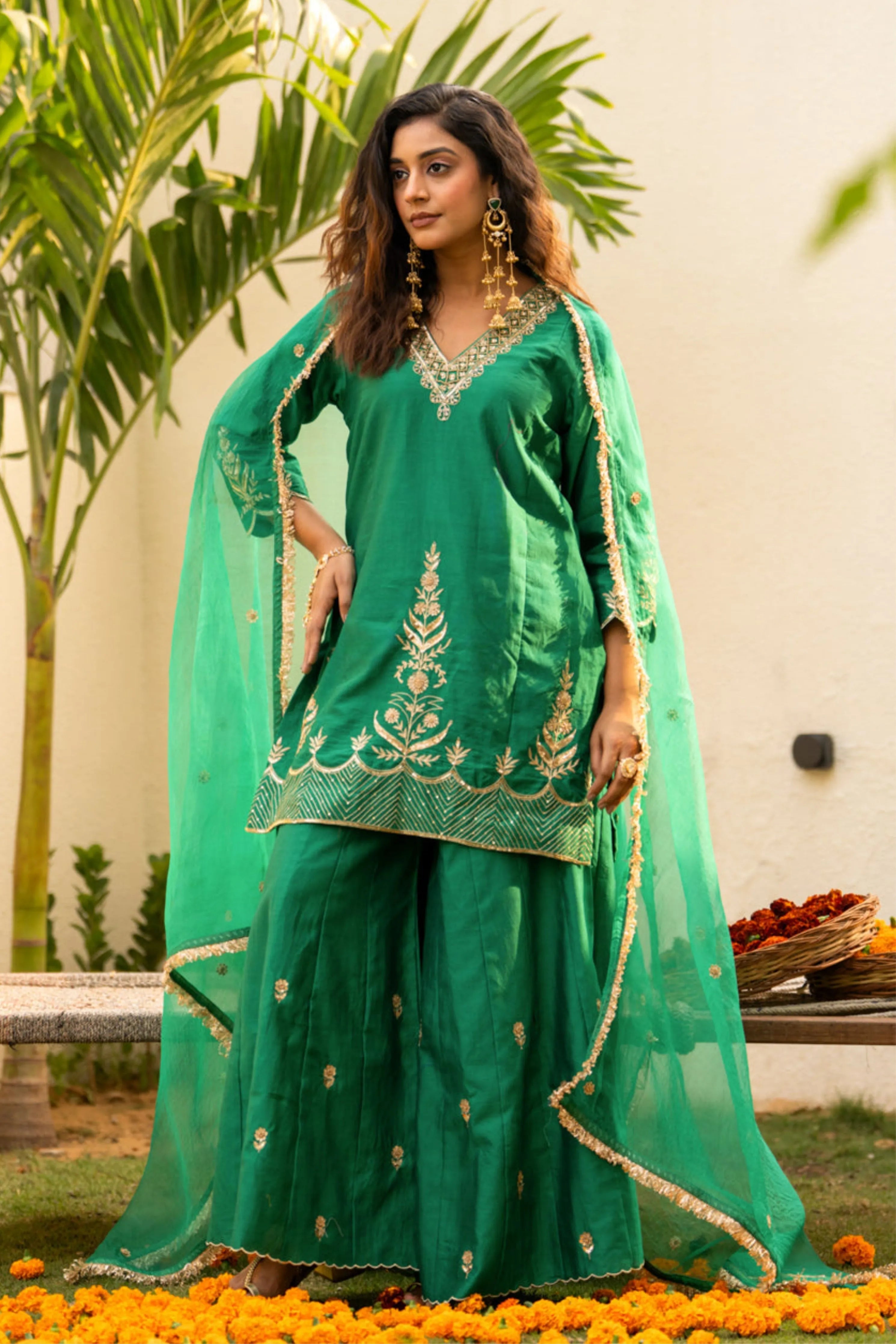 Green Boota Aari Sharara Set