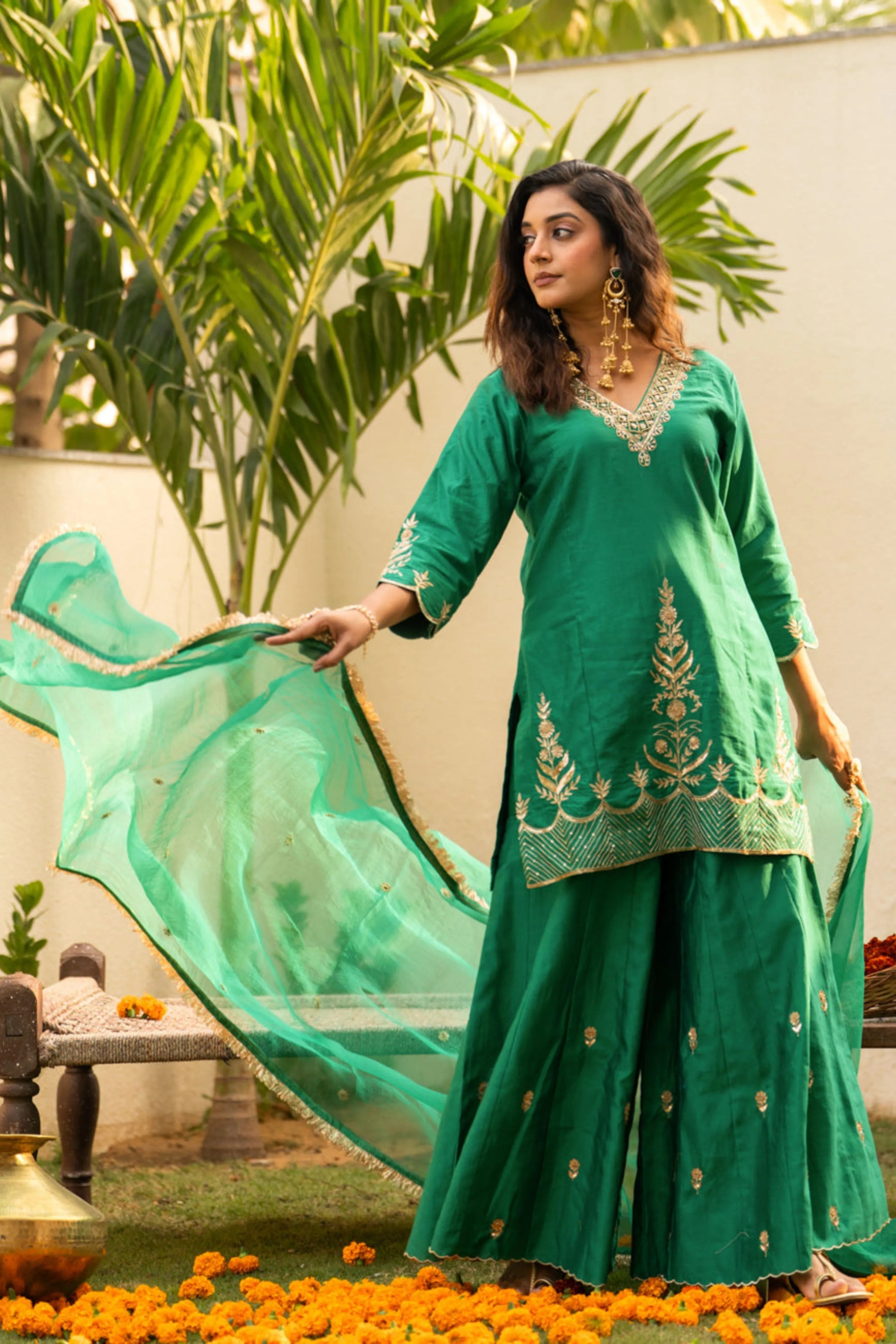 Green Boota Aari Sharara Set