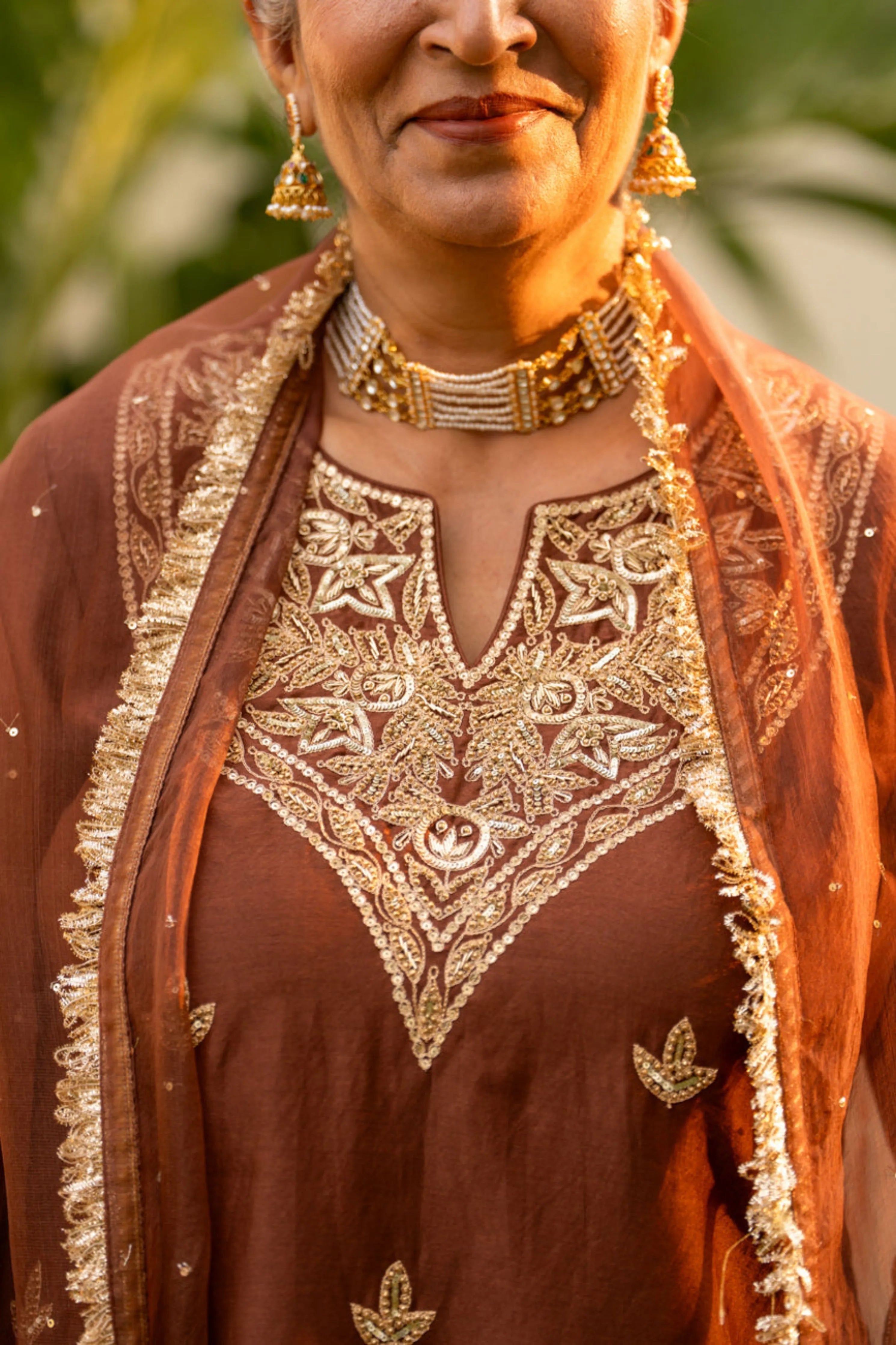 Brown Moti Daman Sharara Set