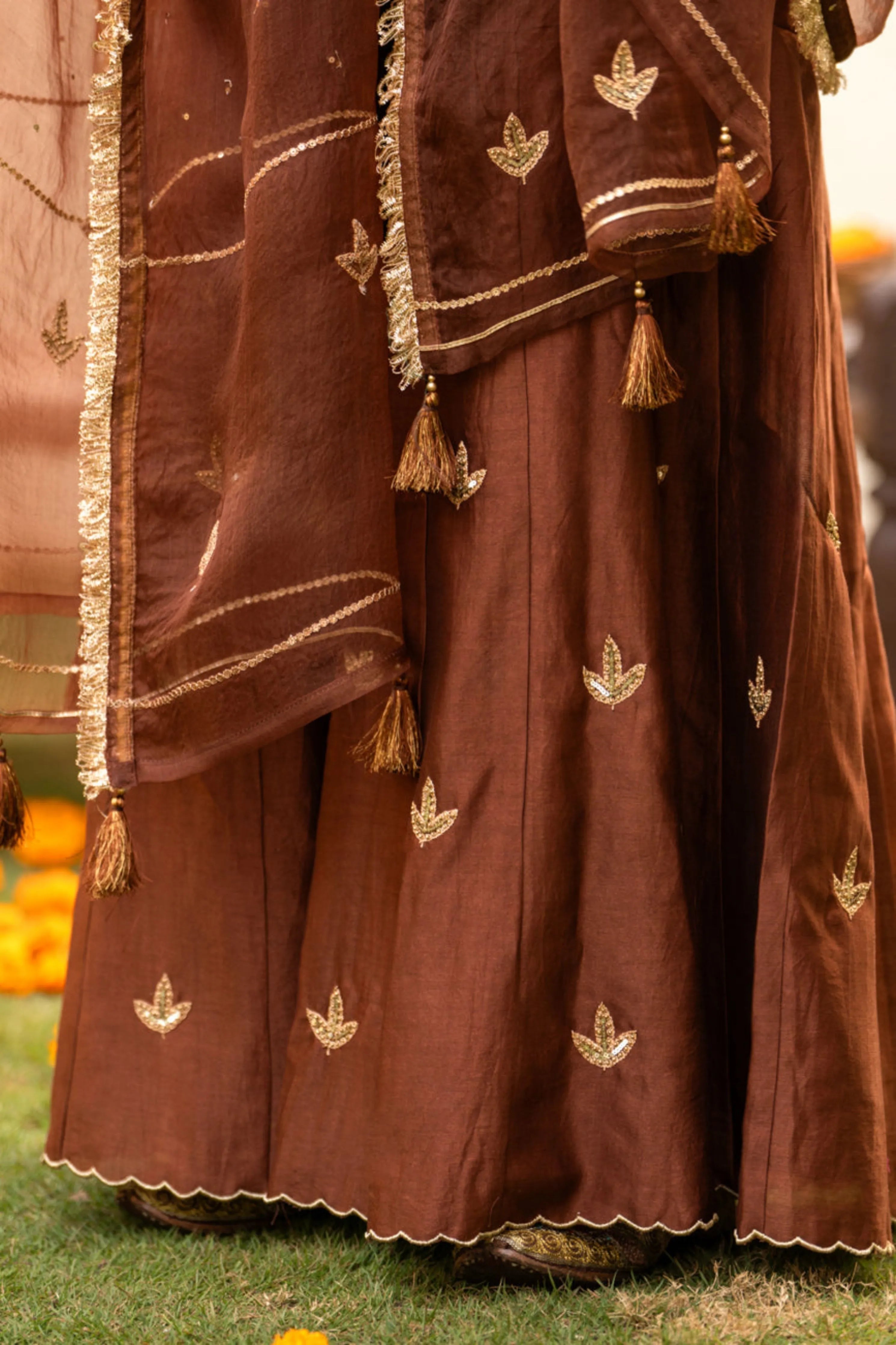 Brown Moti Daman Sharara Set