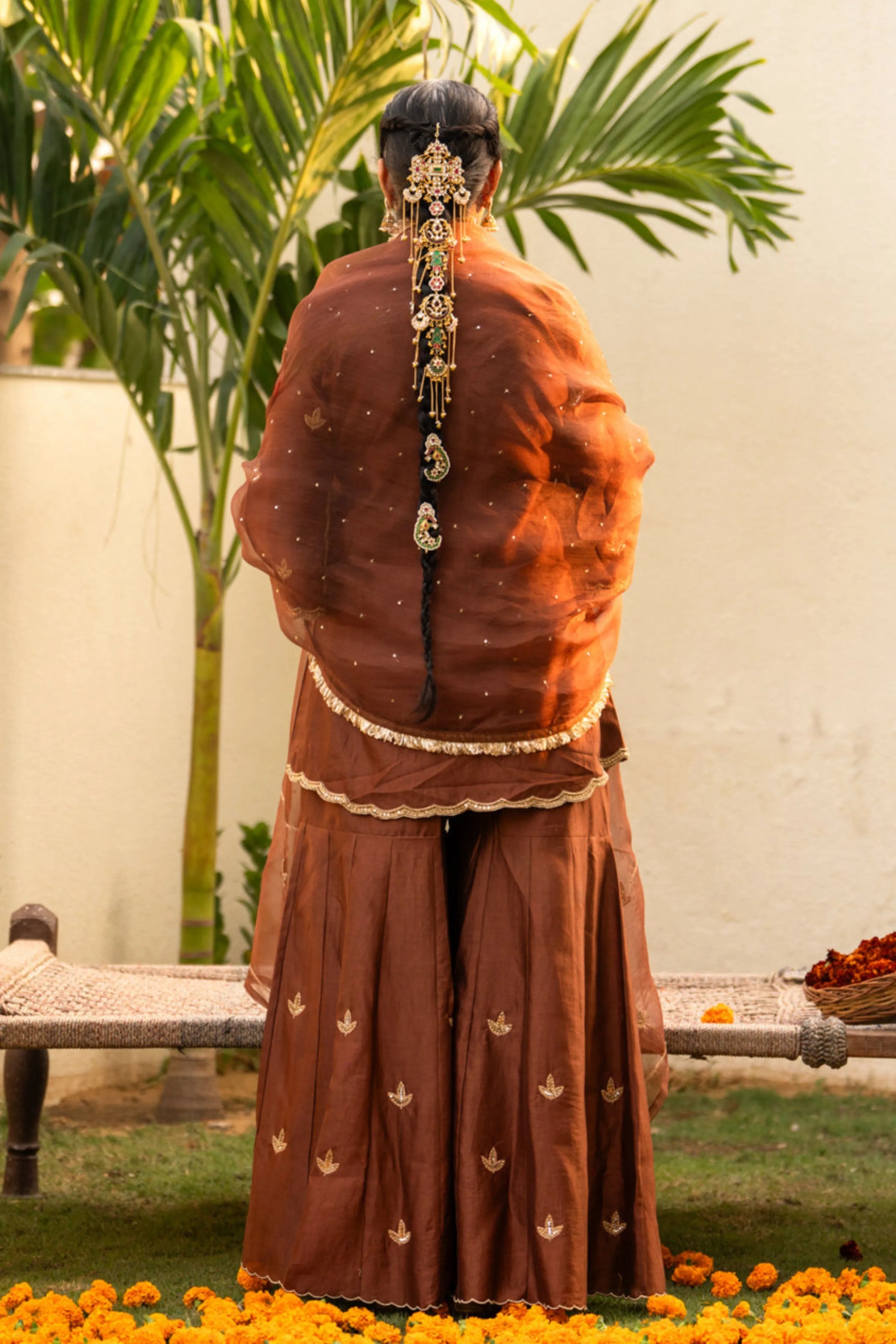 Brown Moti Daman Sharara Set