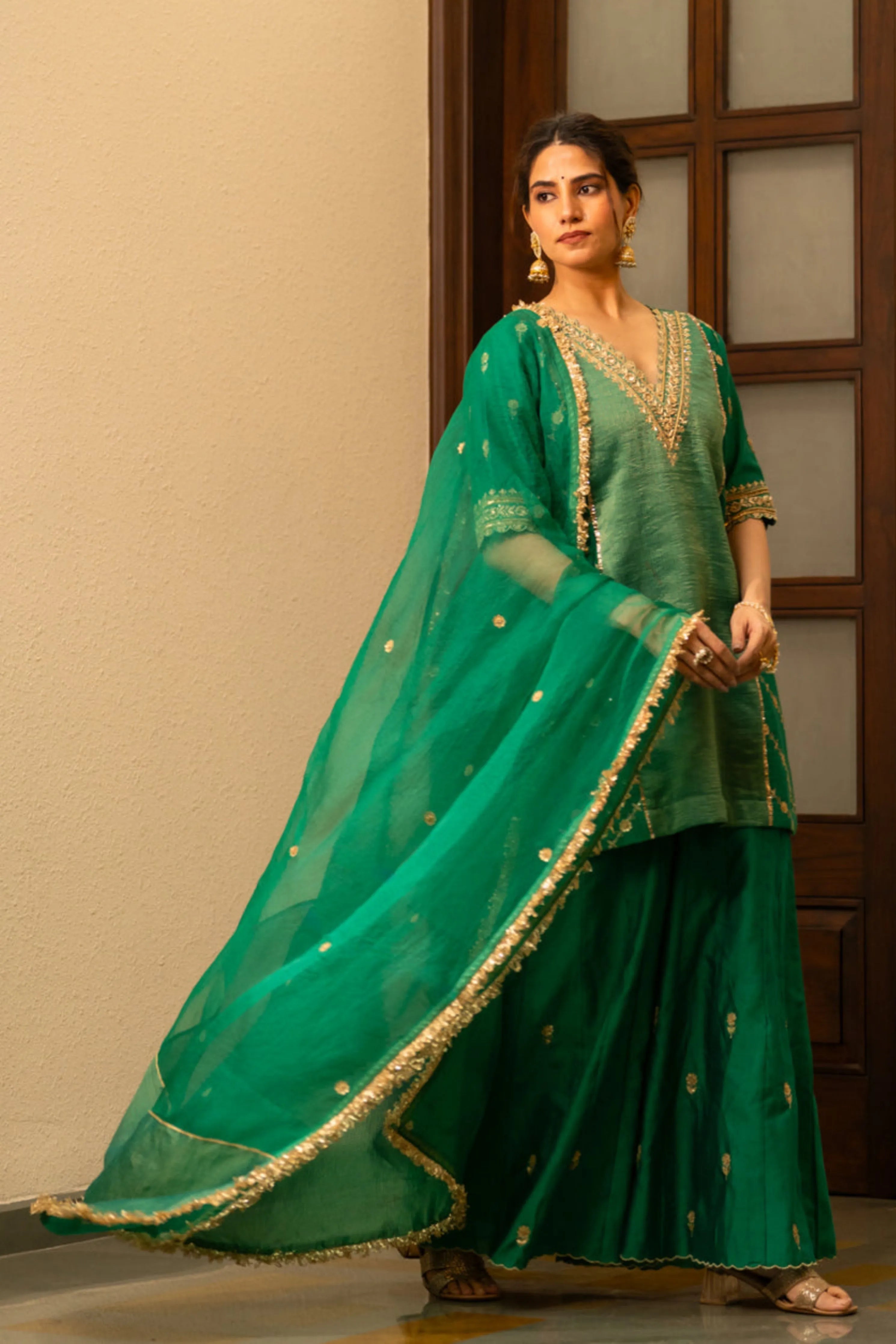 Green Moti Daman Sharara Set