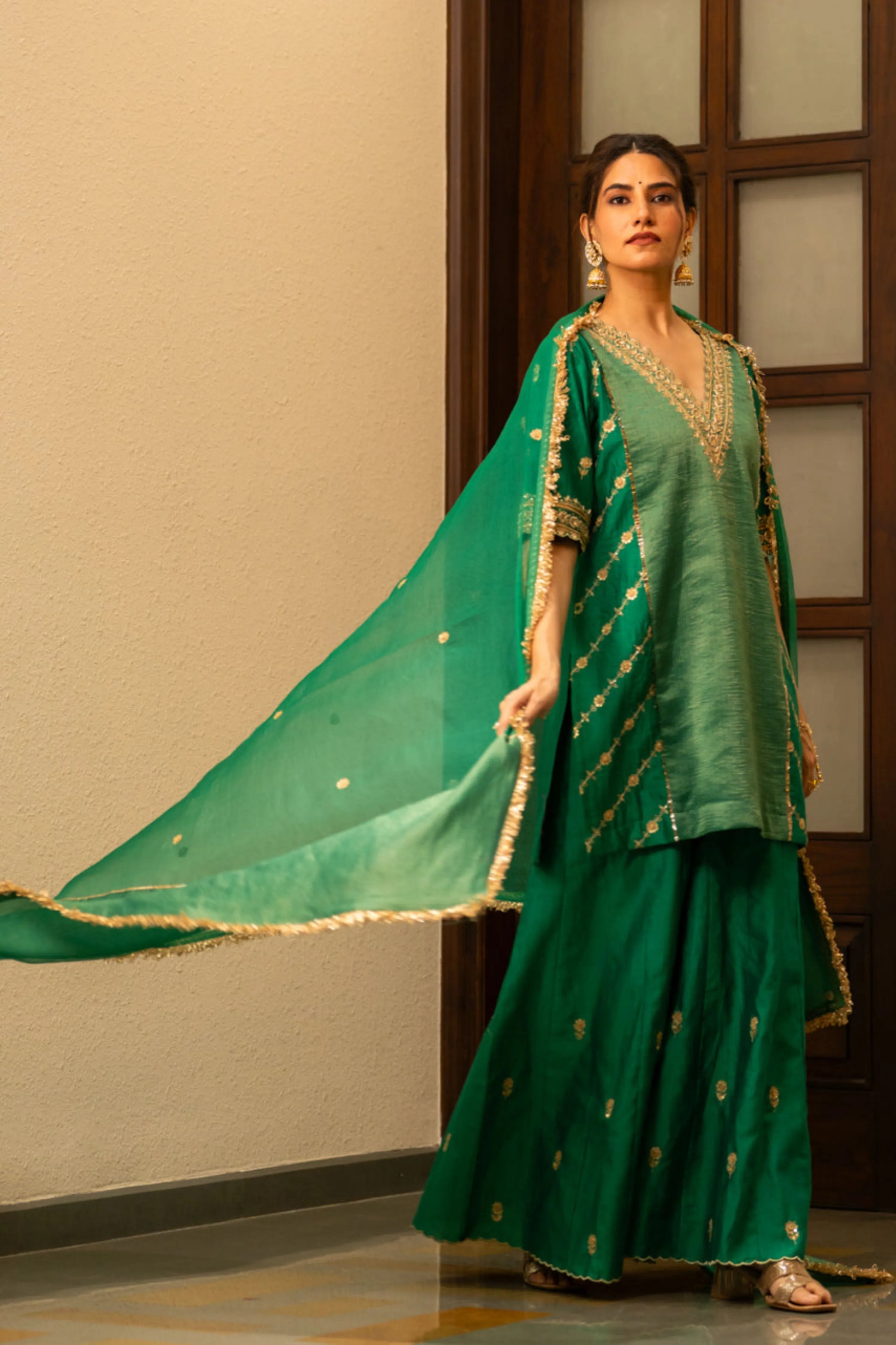Green Moti Daman Sharara Set