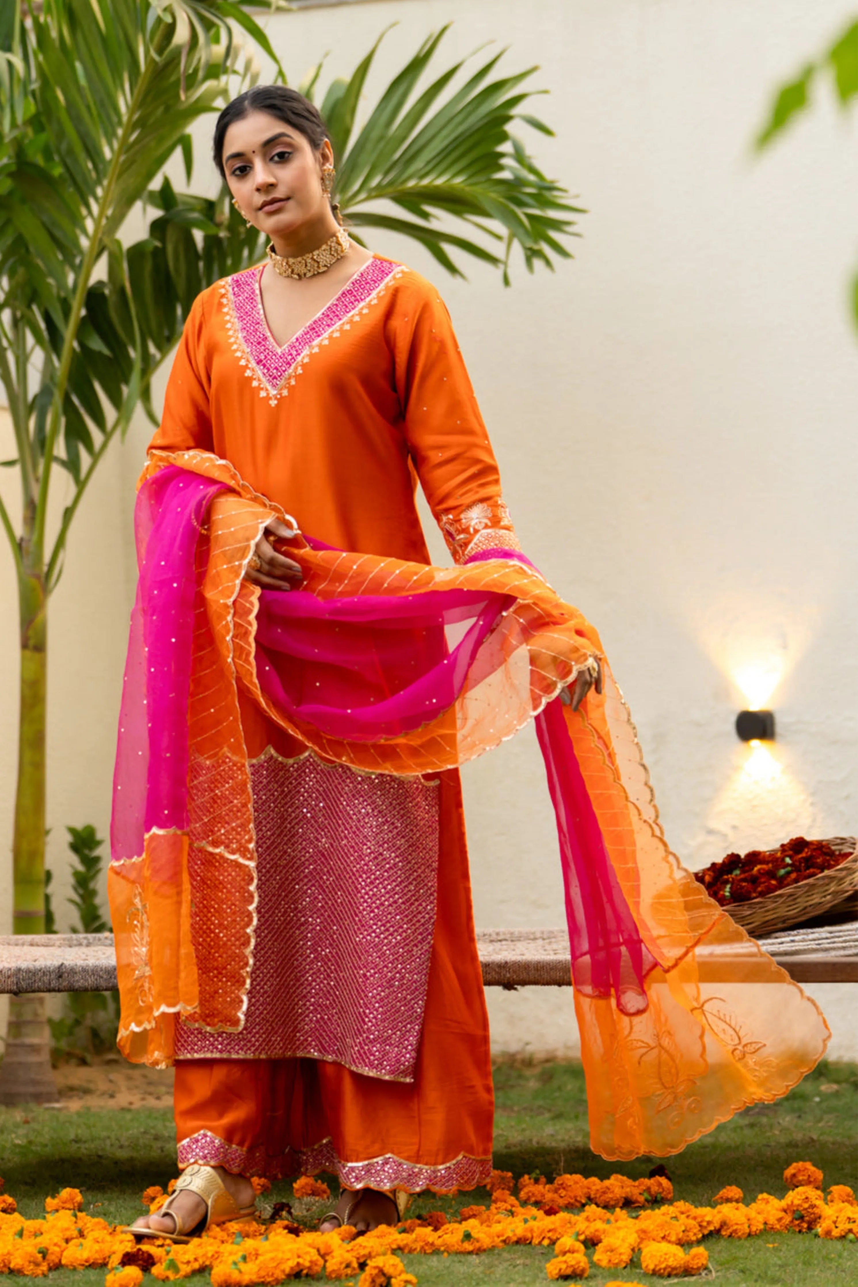 Orange Aari Sequinns Straight Kurta Set