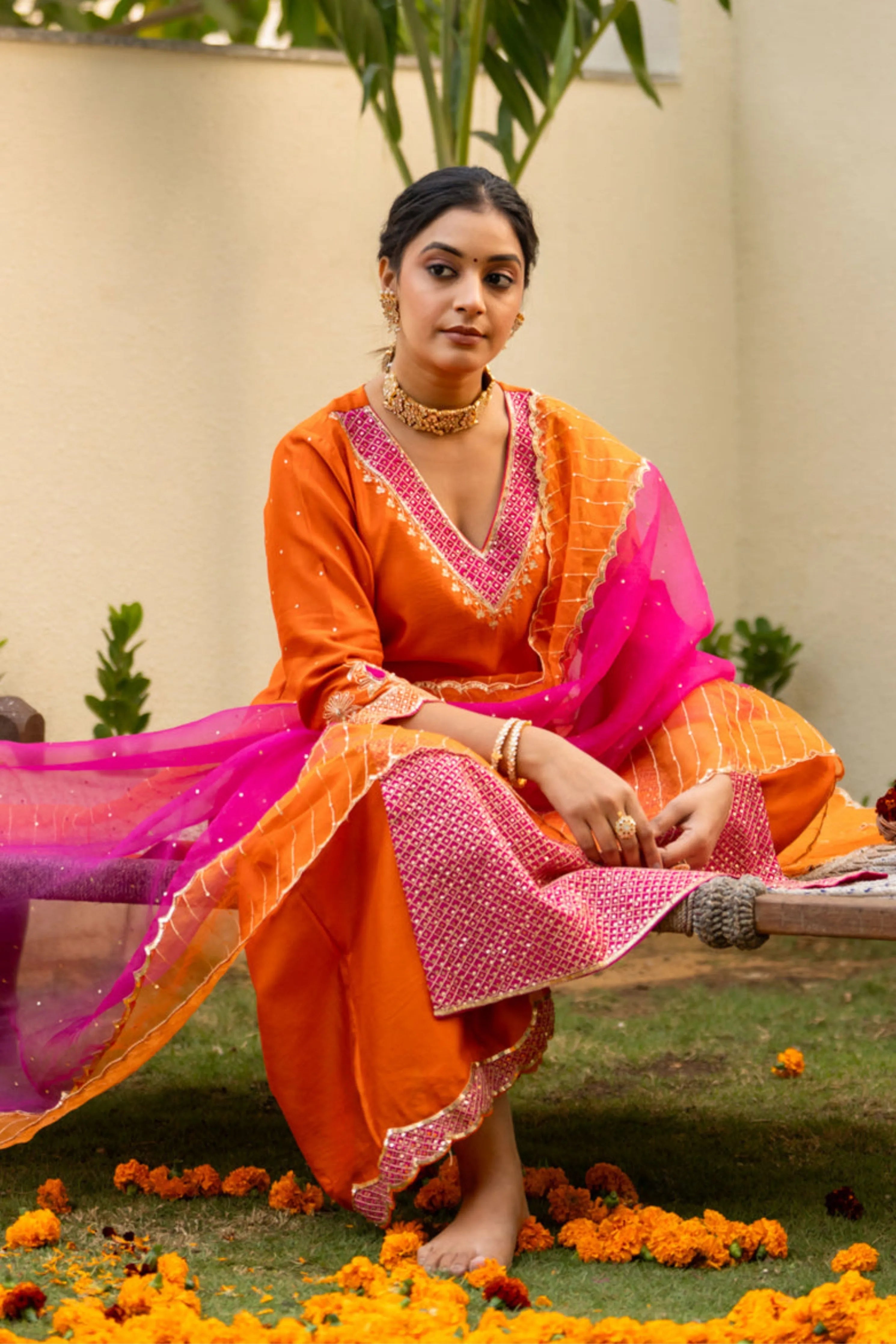 Orange Aari Sequinns Straight Kurta Set