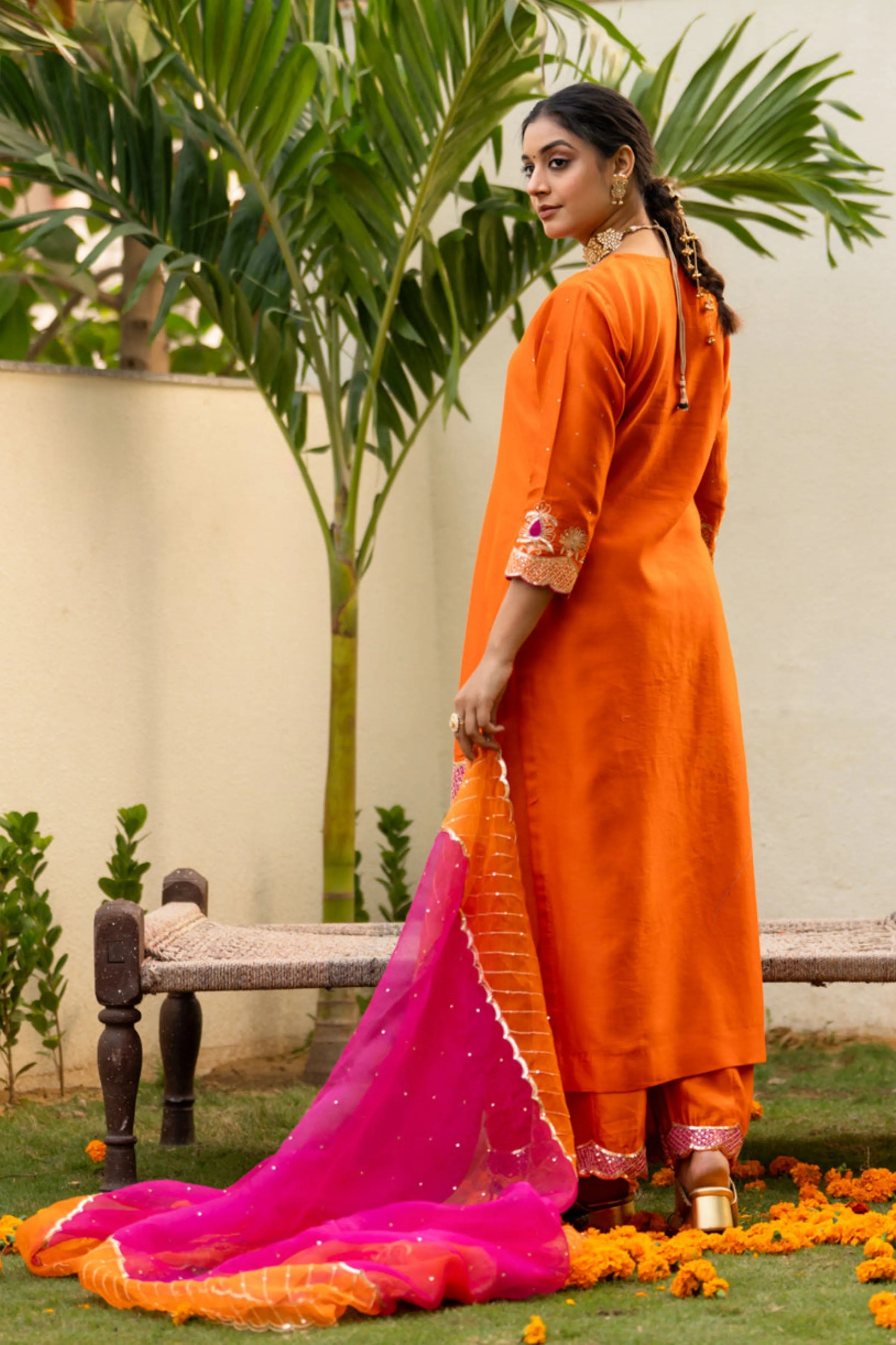 Orange Aari Sequinns Straight Kurta Set