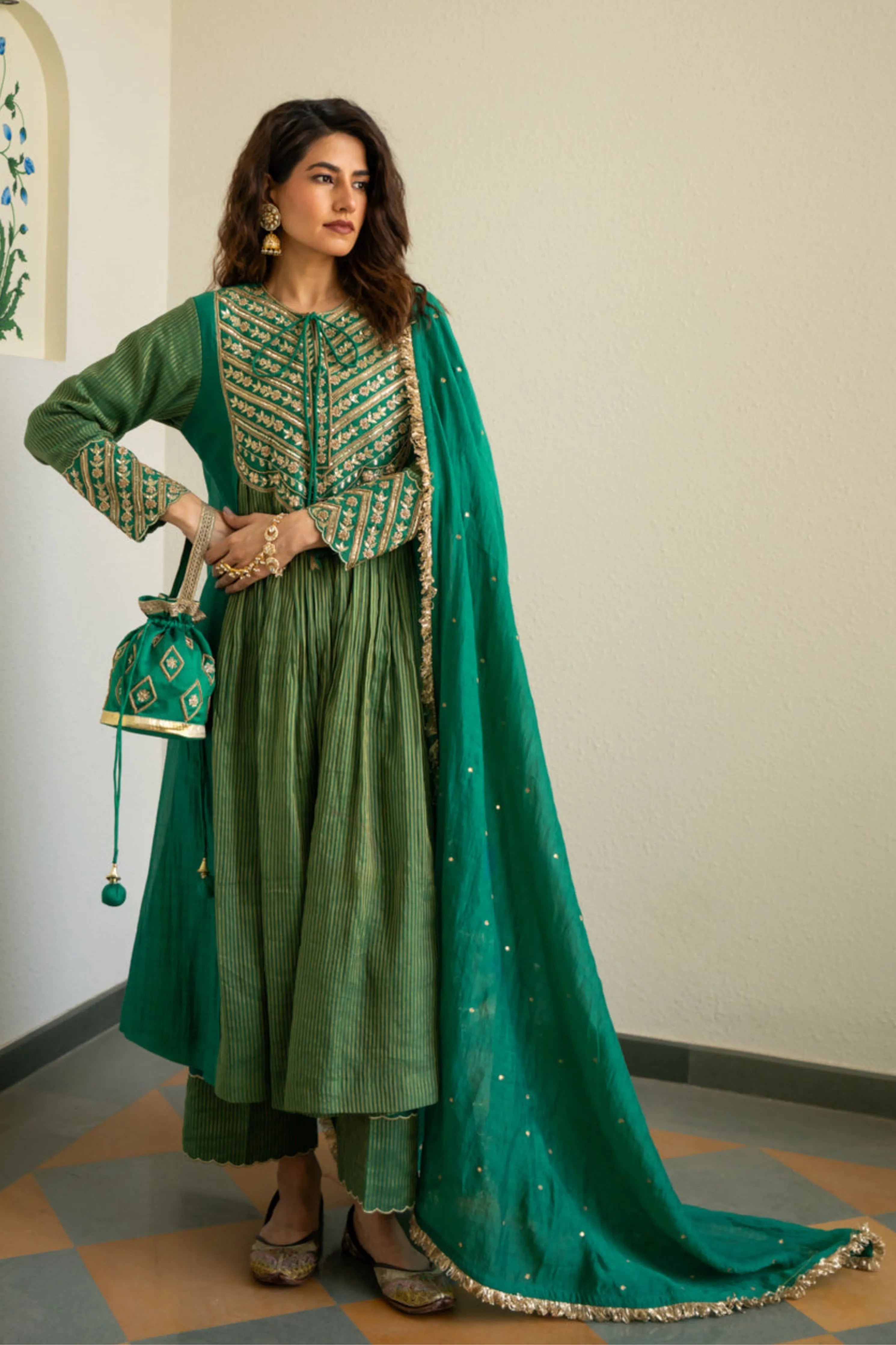 Green Tissue Centre Gathered Kurta Set