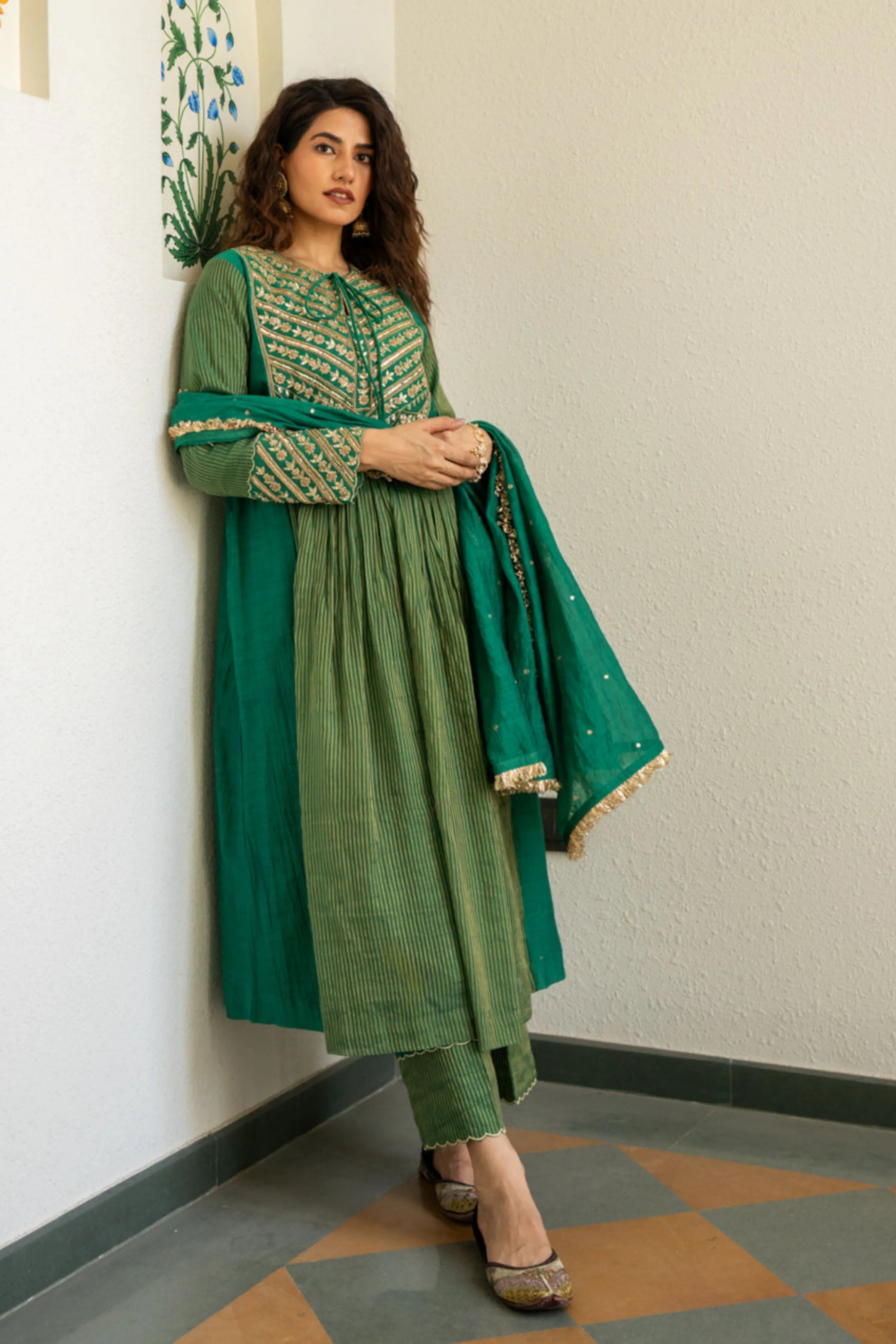 Green Tissue Centre Gathered Kurta Set