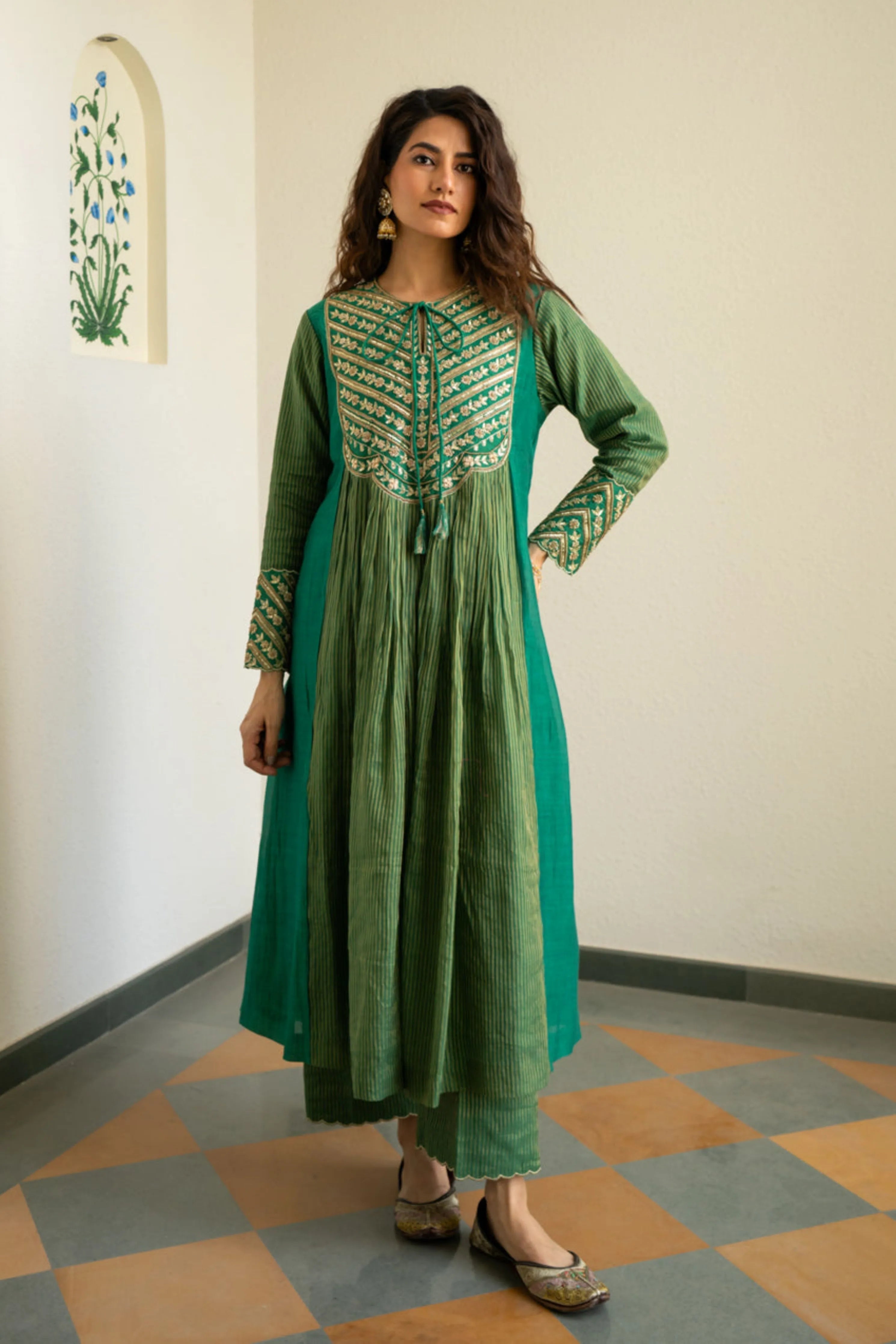 Green Tissue Centre Gathered Kurta Set