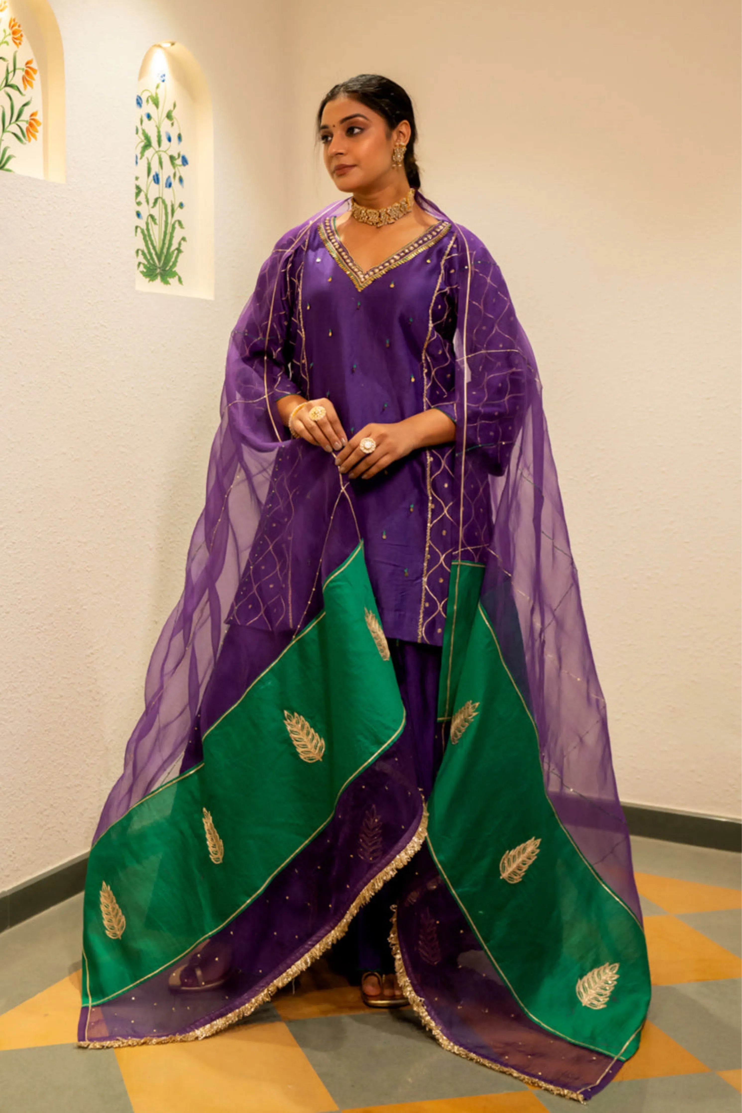 Purple Metallic Sharara Set